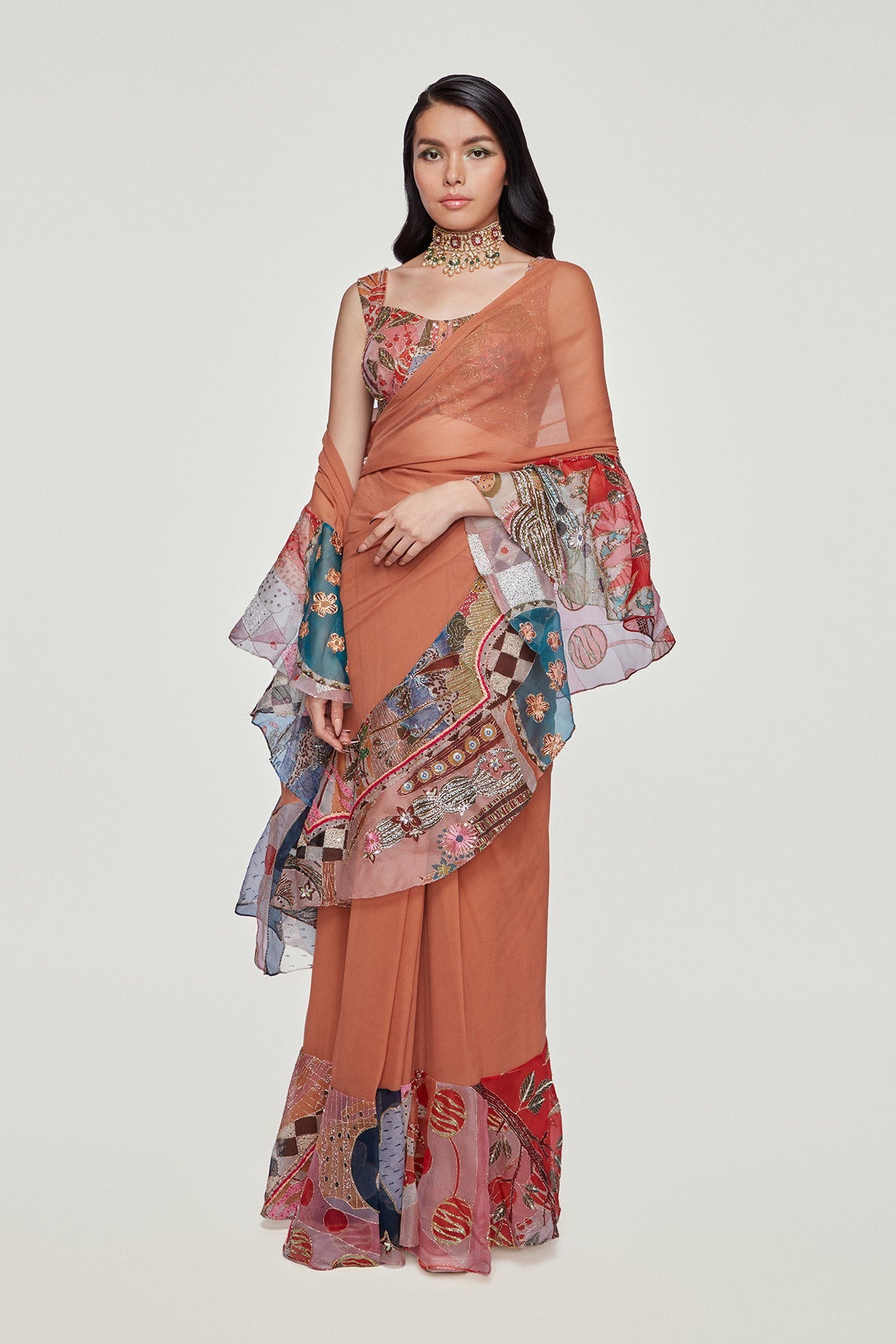 Amberina - Orange Organza Ruffle Saree Set