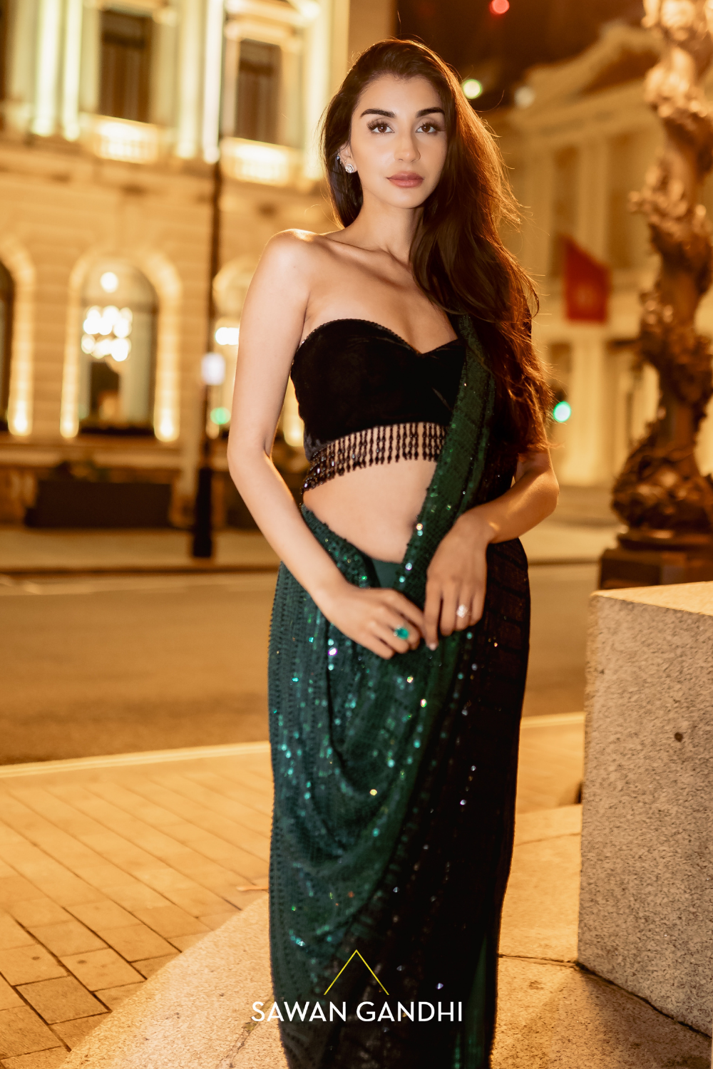 Emerald green to black ombre saree