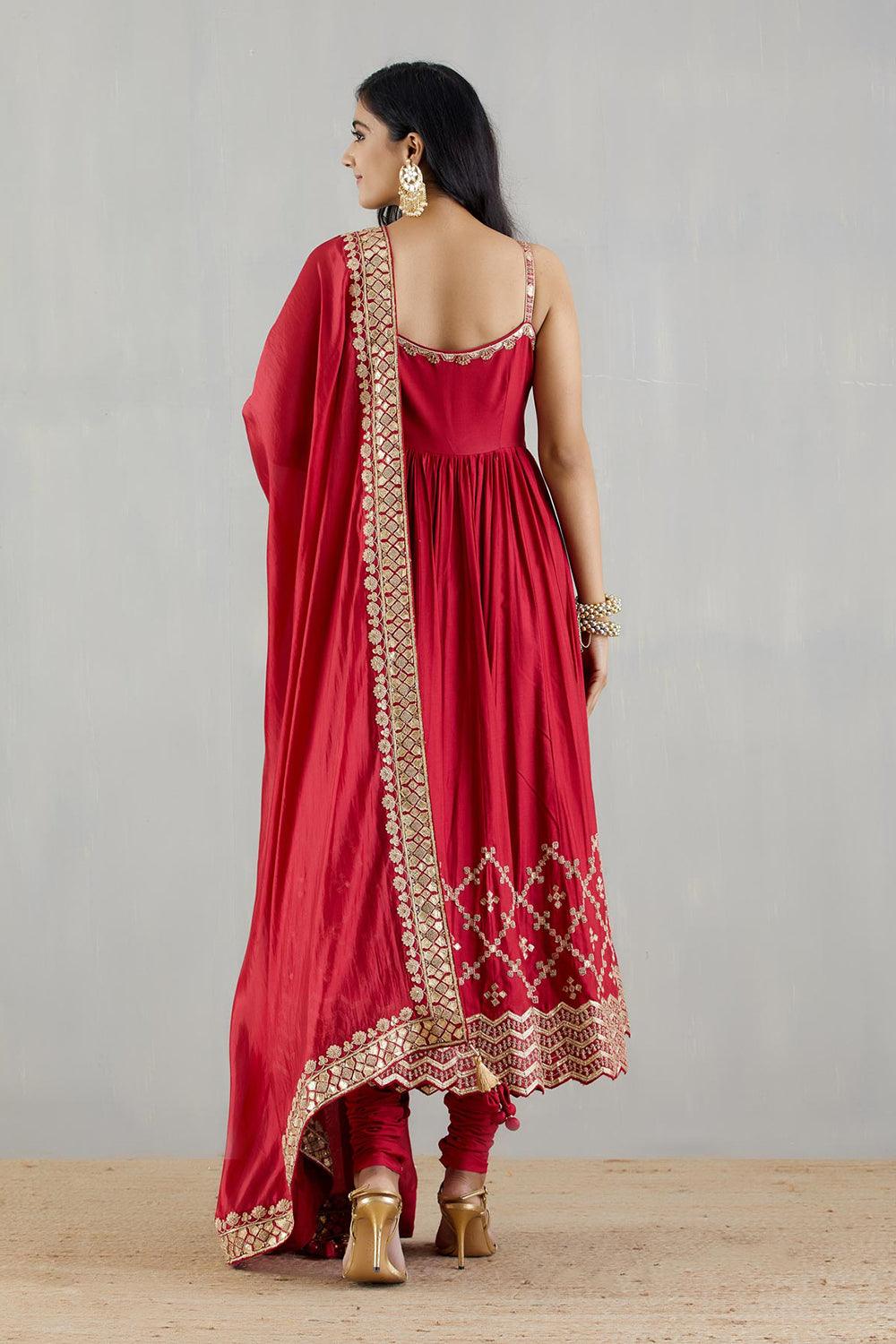 Red Strappy Heavy Anarkali With Organza Silk Dupatta