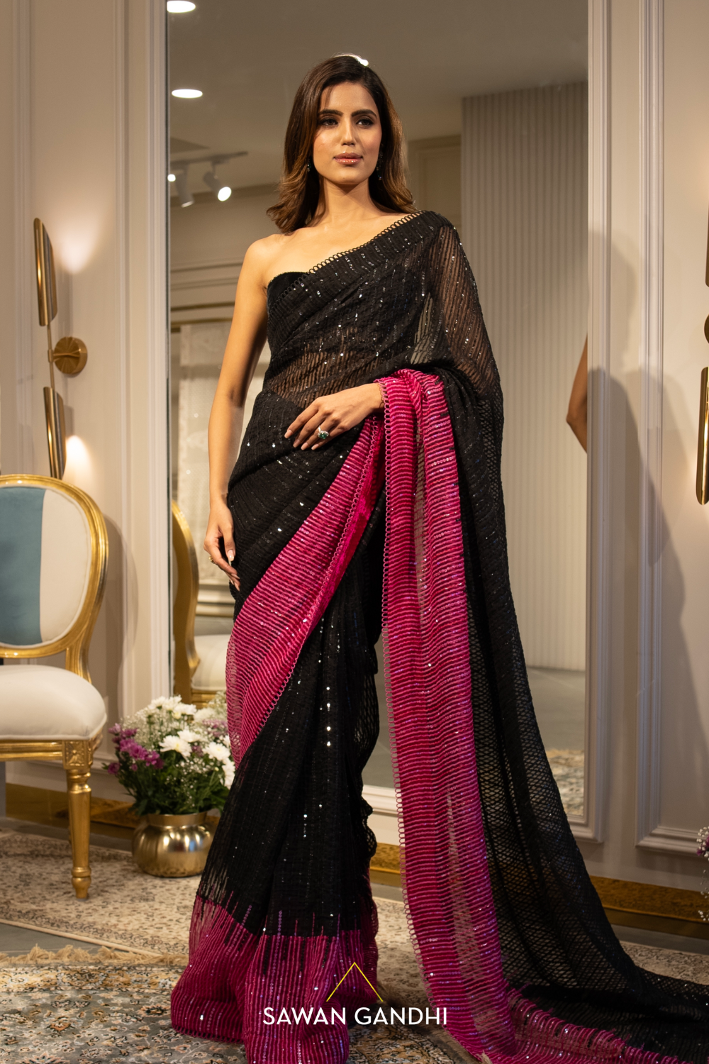 Black to hot pink sequins handloom organza saree