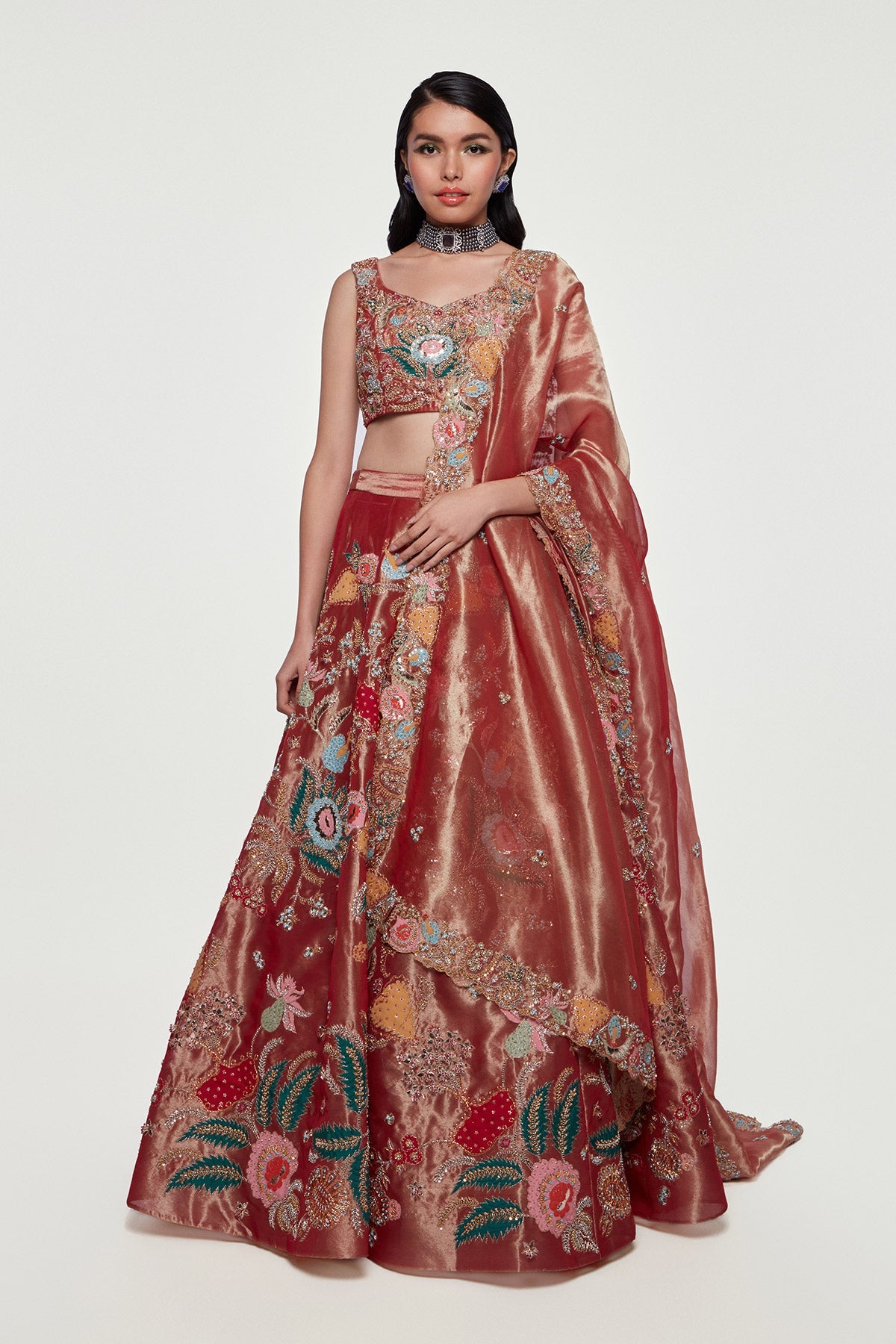 Trisha - Maroon Tissue Lehenga Set