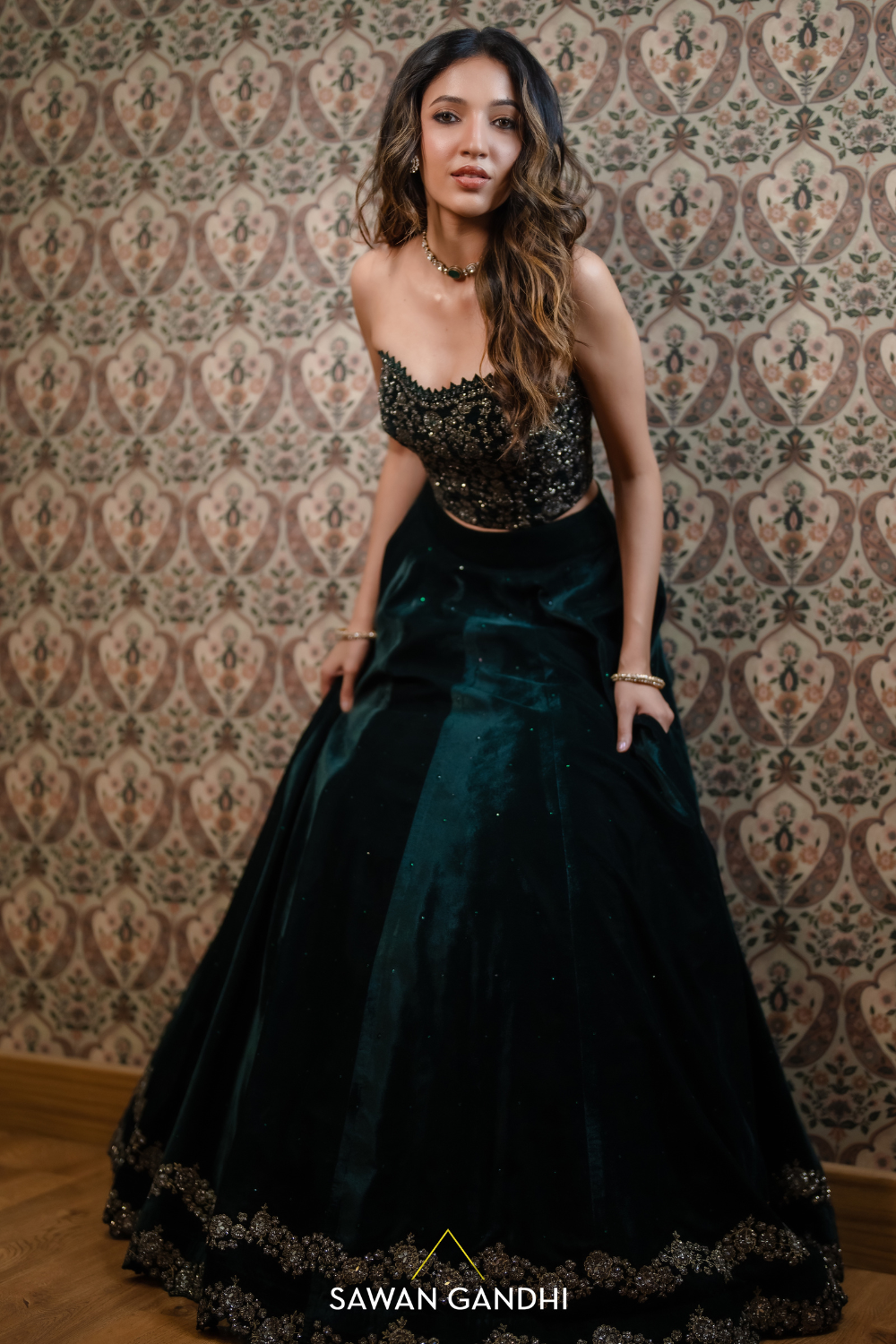 Neha Shetty in green velvet corset lehenga