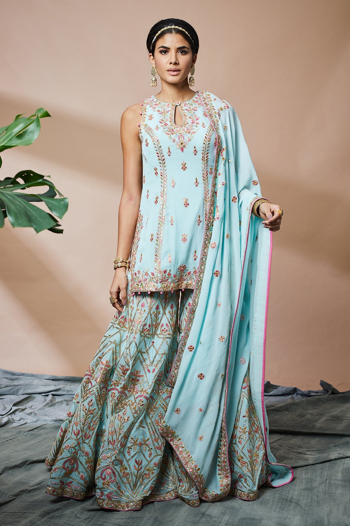 Blue Georgette Incut Kurta And Sharara Set