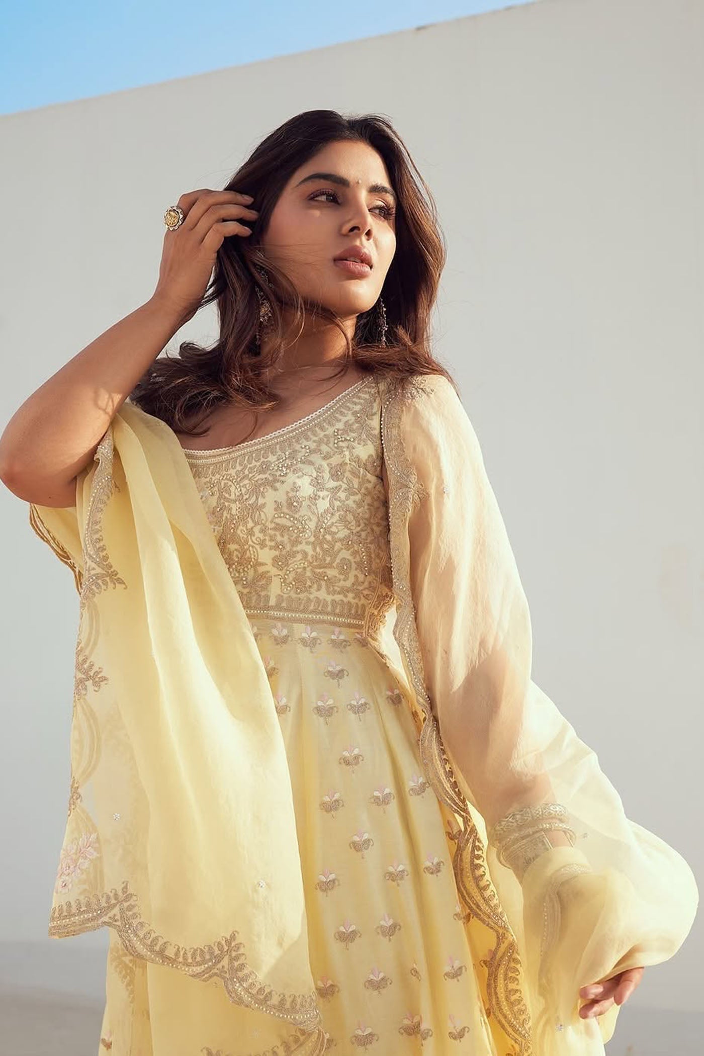 Samyuktha In Wafiya - Lemon Yellow Ankle Length Anarkali with Chooridaar and Dupatta