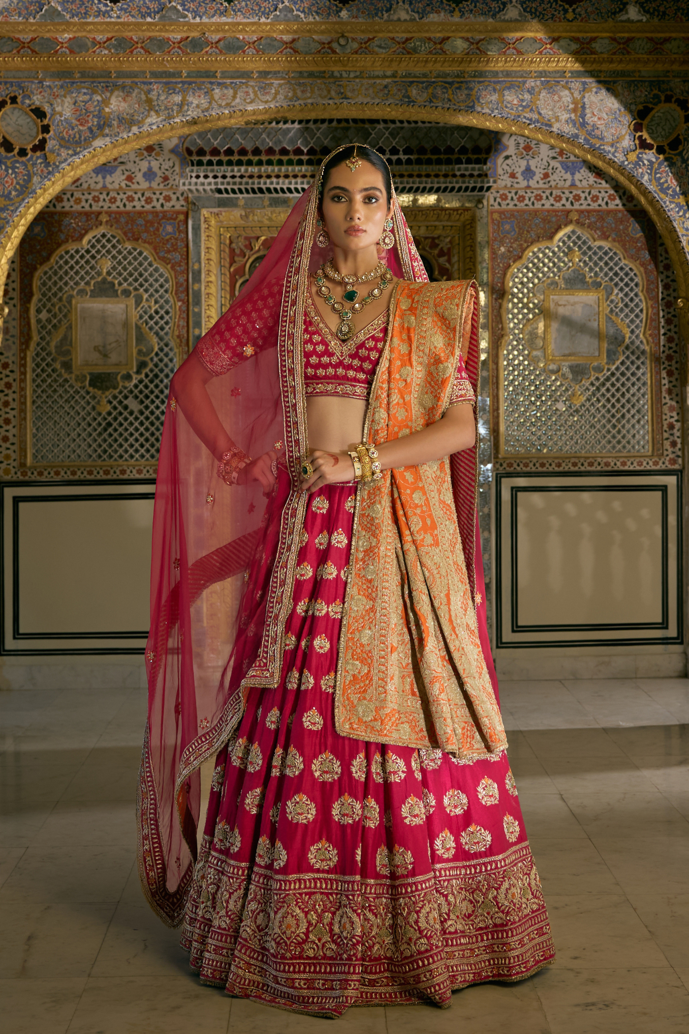 Maira - Dabka Zardozi Embroidered Raw Silk Hotpink Bridal Lehenga Set