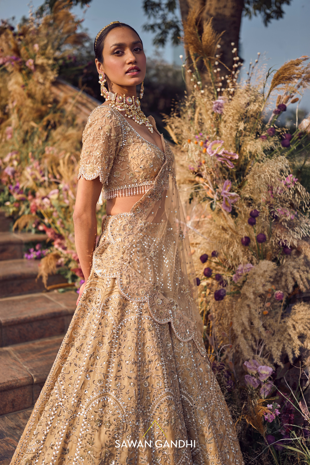 DARK BEIGE FLORAL EMBROIDERED LEHENGA