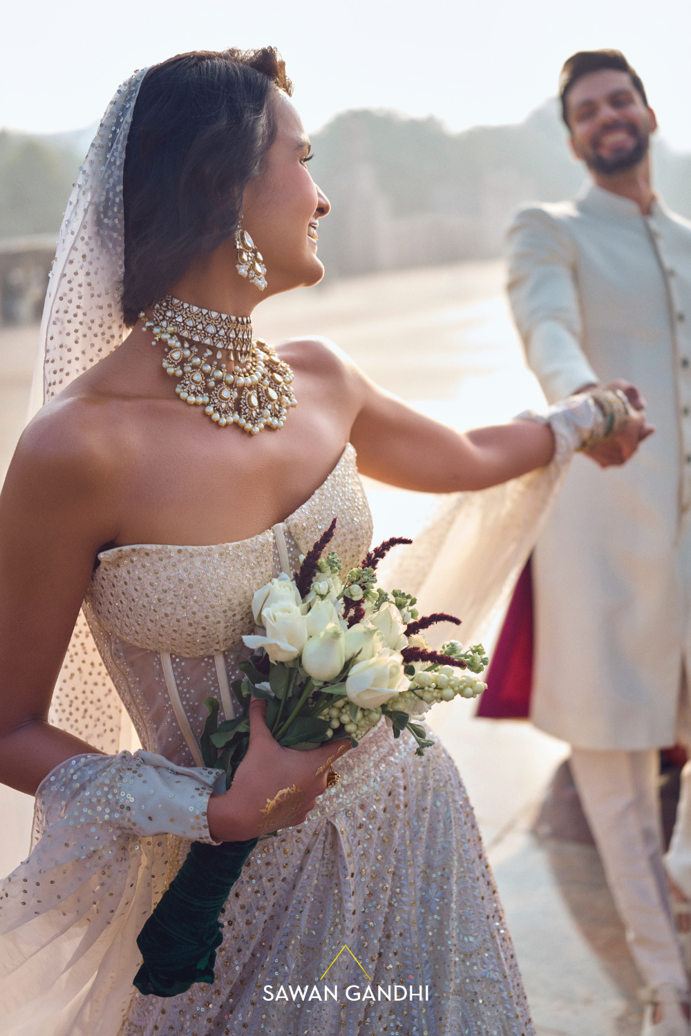PEARL WHITE CHIKANKARI LEHENGA WITH CORSET