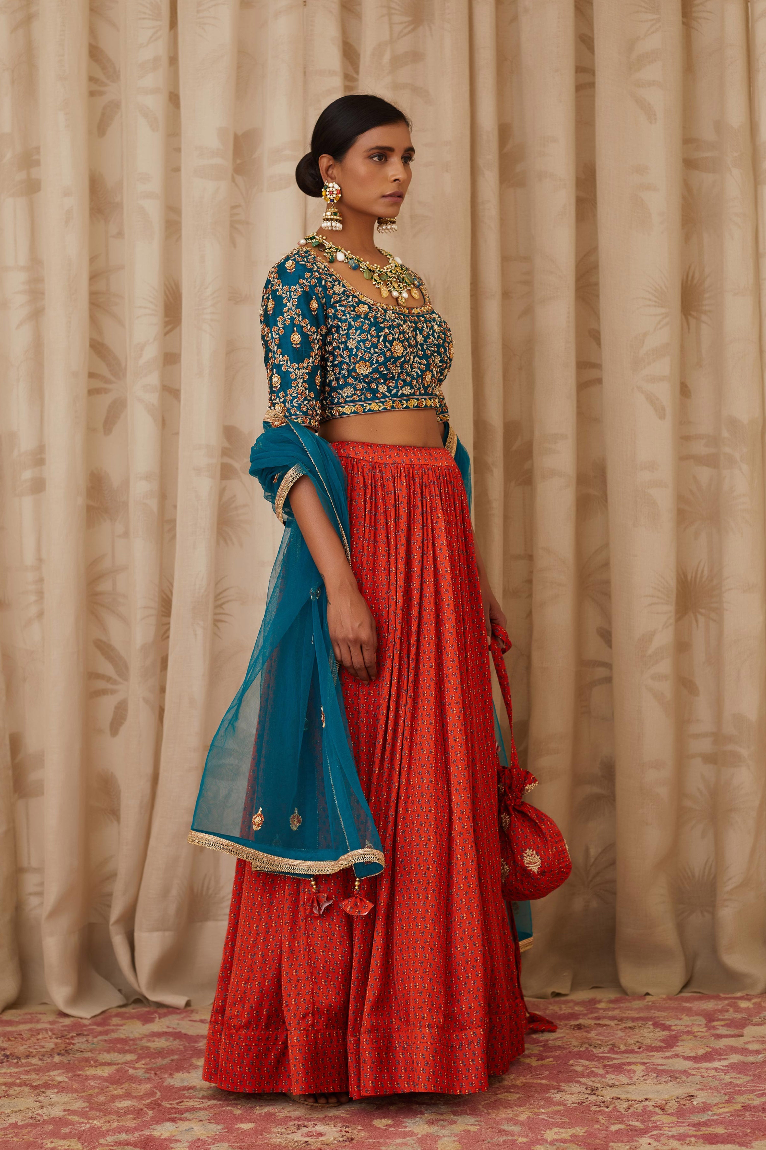 Teal Blue and Burnt Orange Lehenga Set