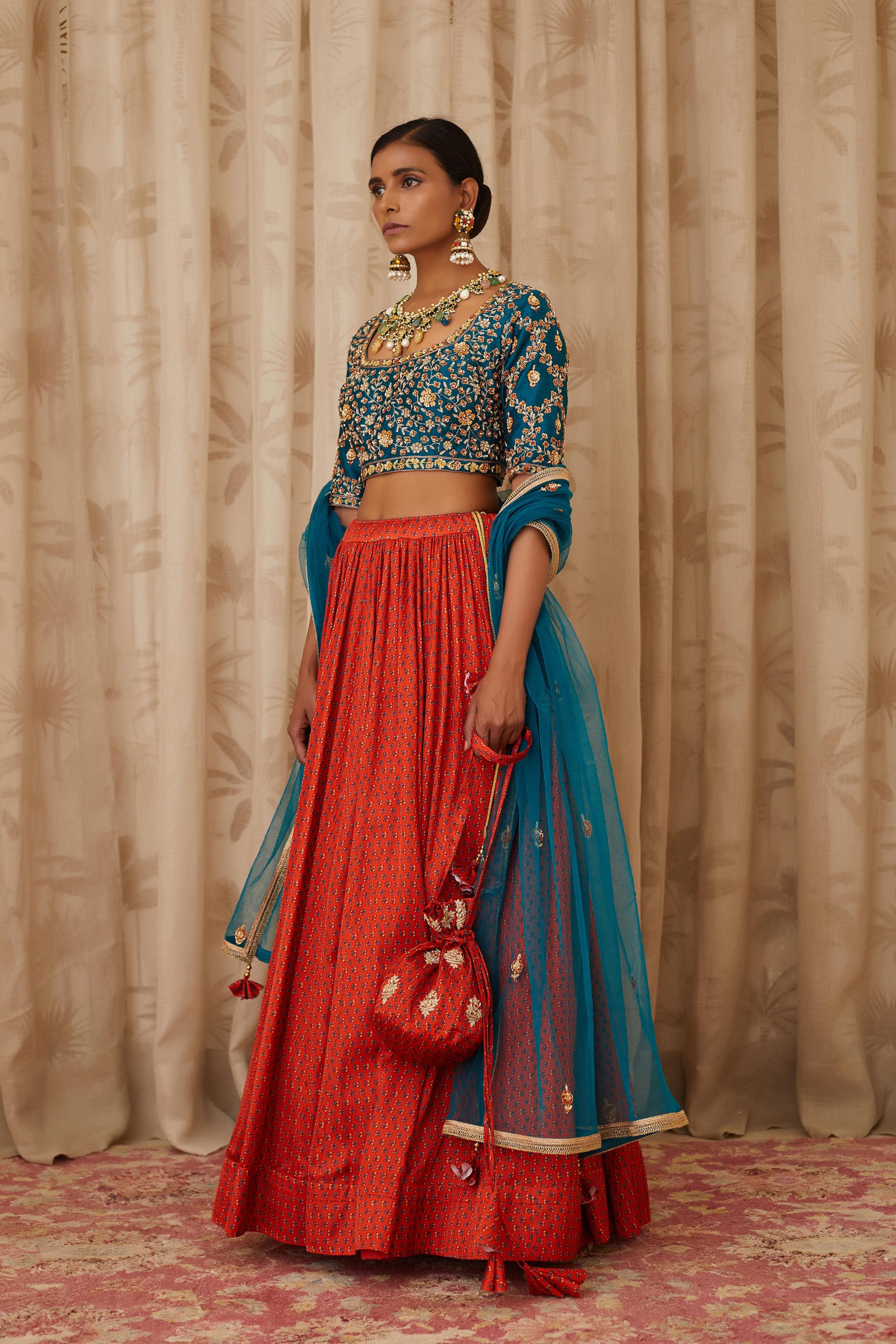Teal Blue and Burnt Orange Lehenga Set