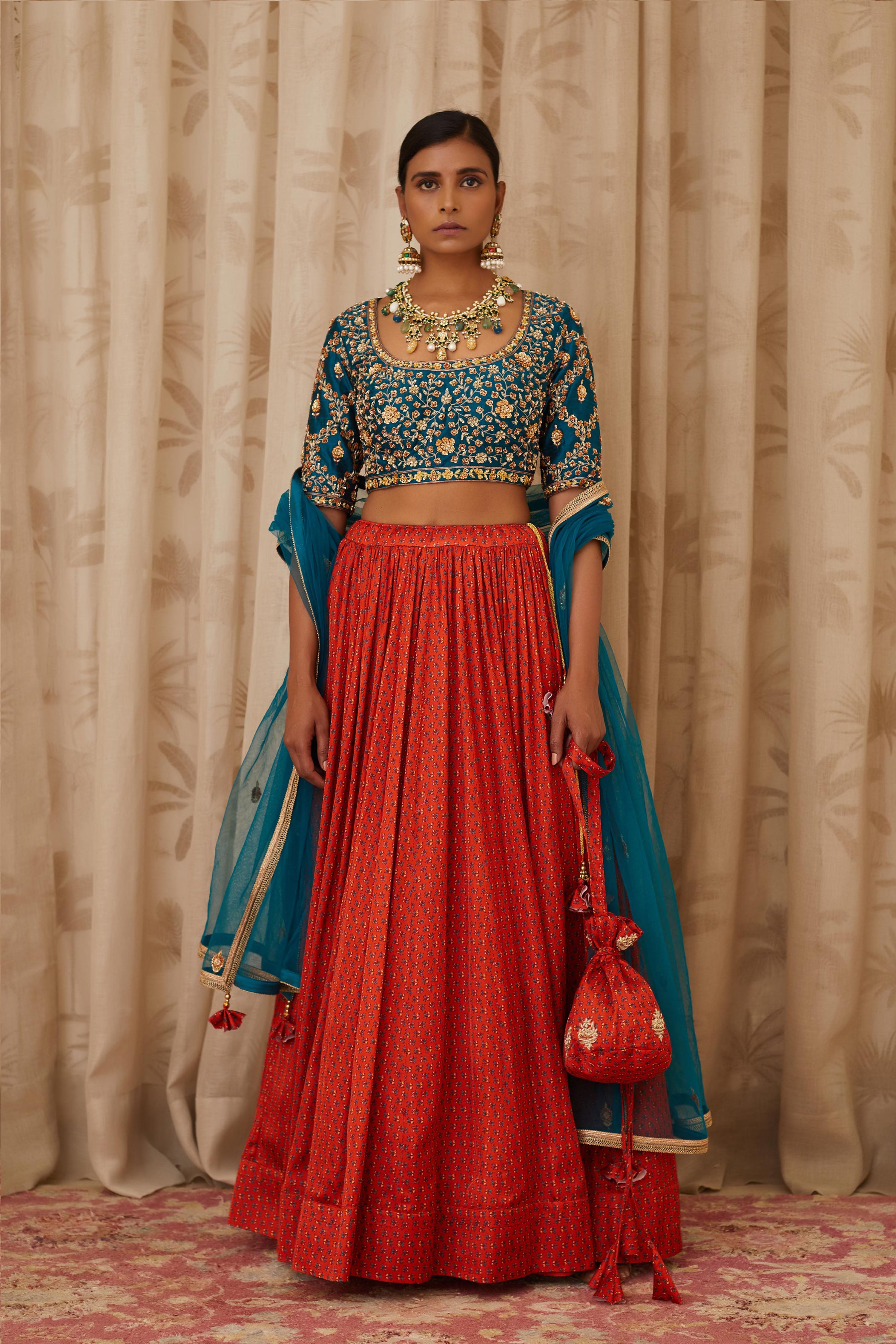 Teal Blue and Burnt Orange Lehenga Set