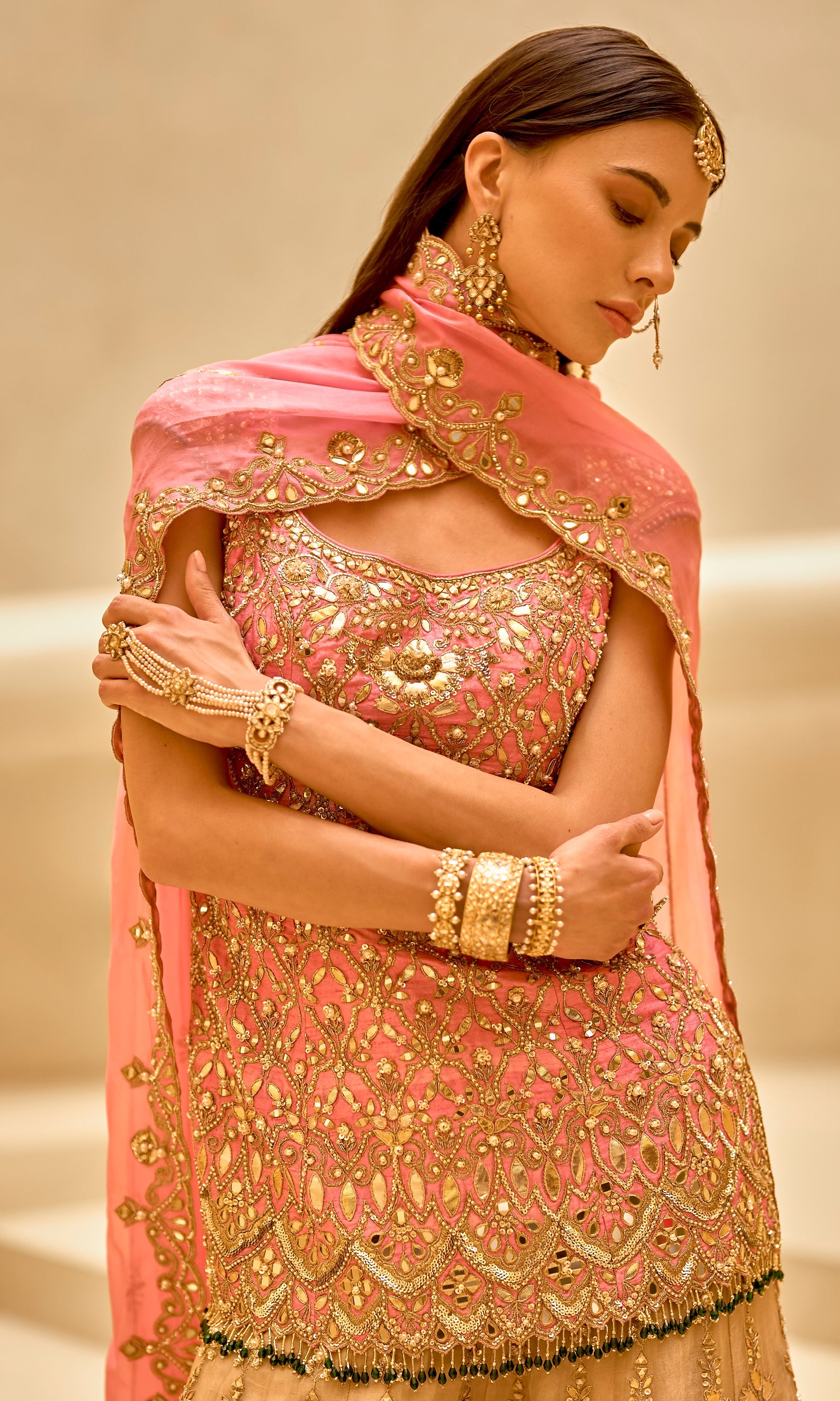 Onion Pink and Gold Sharara Set