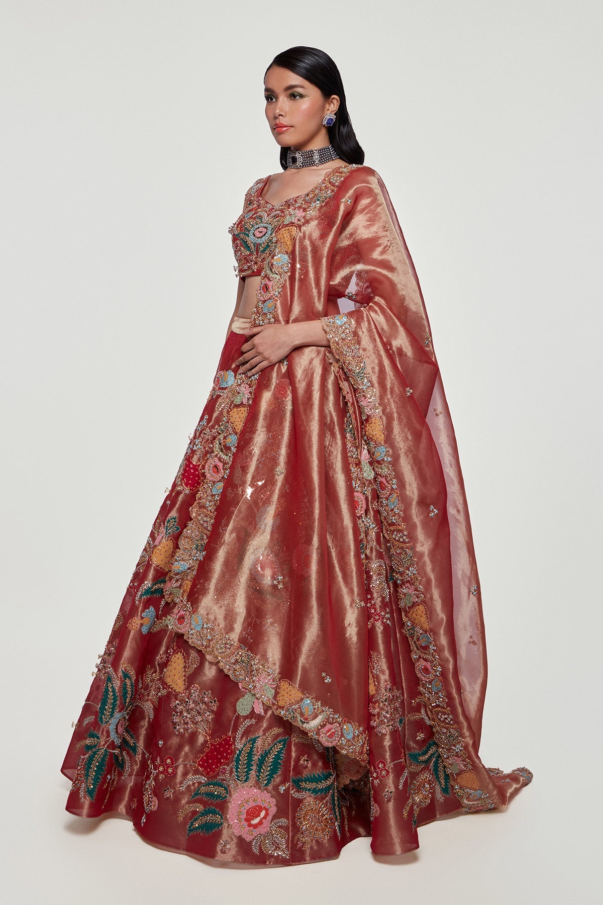 Trisha - Maroon Tissue Lehenga Set