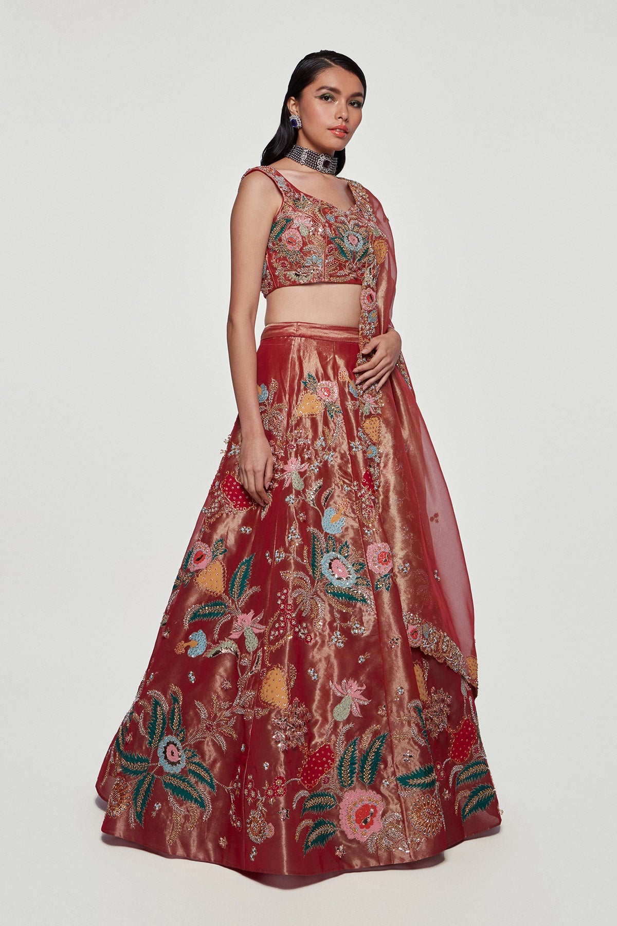 Trisha - Maroon Tissue Lehenga Set