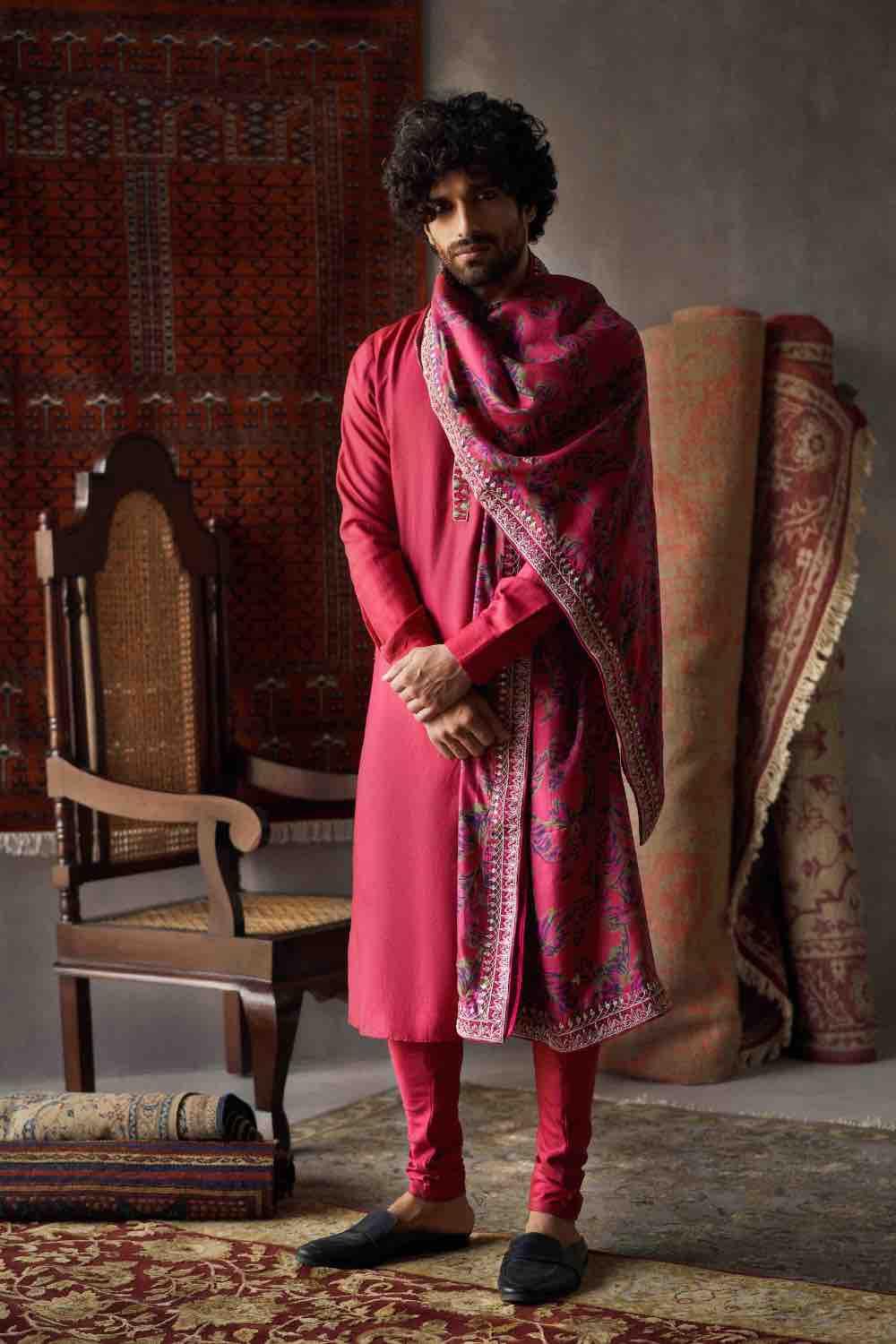 Cherry Red Tussar Silk Kurta With Churidar And Dushala Set