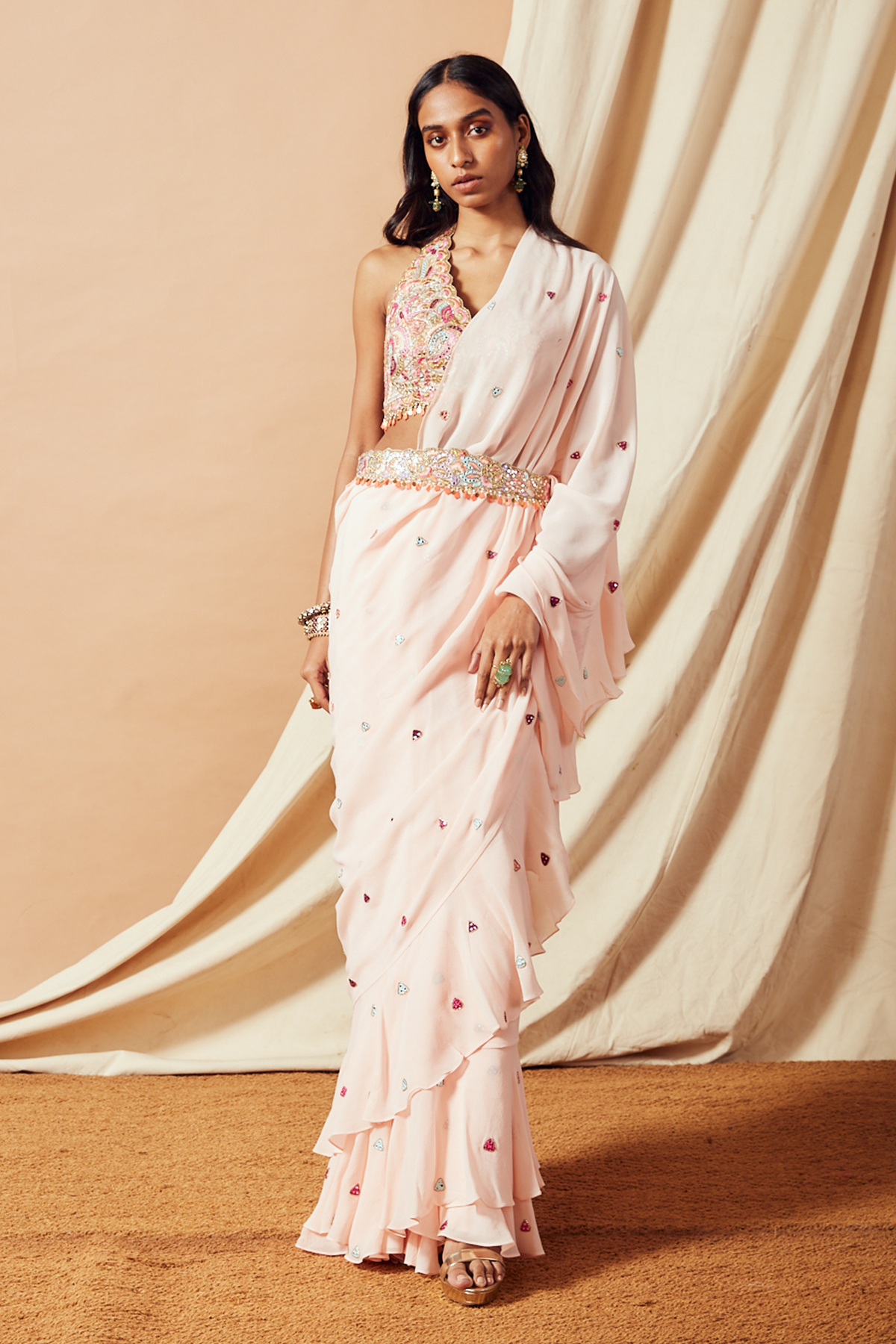 Peach Ruffle Saree Set