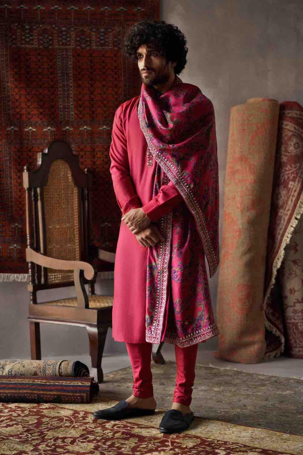 Cherry Red Tussar Silk Kurta With Churidar And Dushala Set