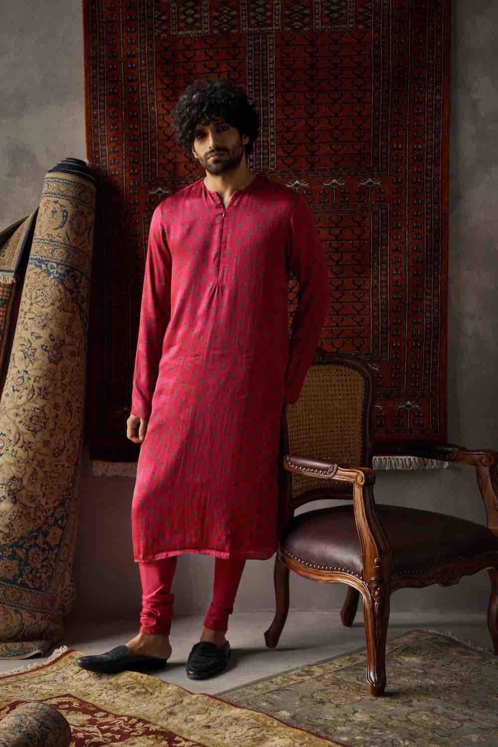 Cherry Red Satin Silk Kurta And Churidar Set - Ready To Ship
