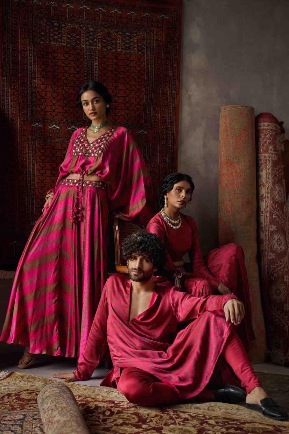 Cherry Red Satin Silk Kurta And Churidar Set - Ready To Ship