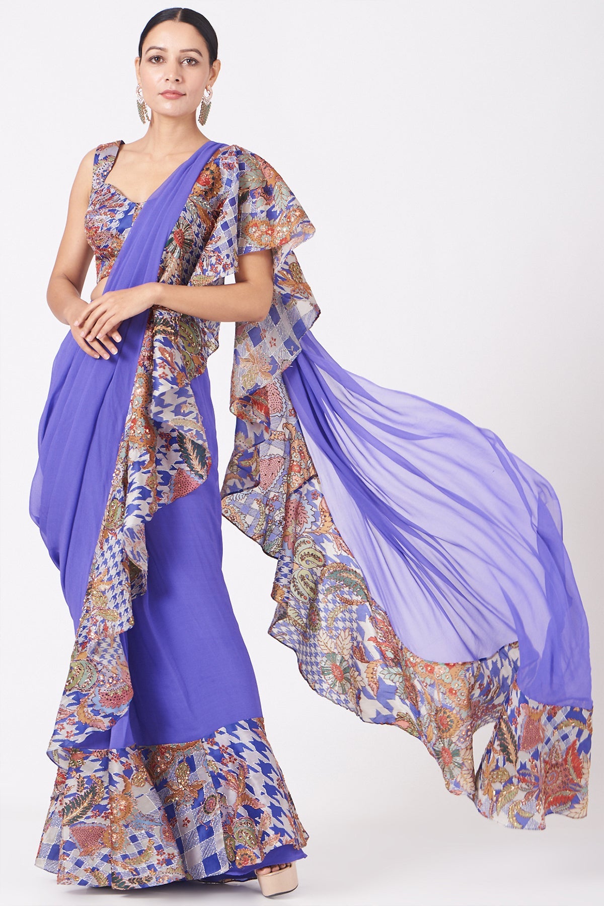 Nutan - Dodger Blue Satin Organza Ruffle Saree Set
