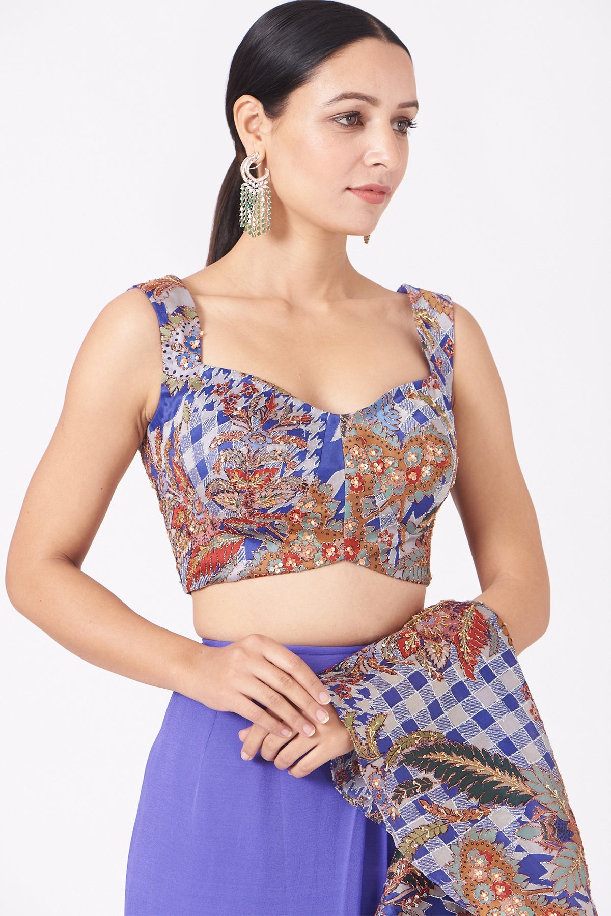 Nutan - Dodger Blue Satin Organza Ruffle Saree Set