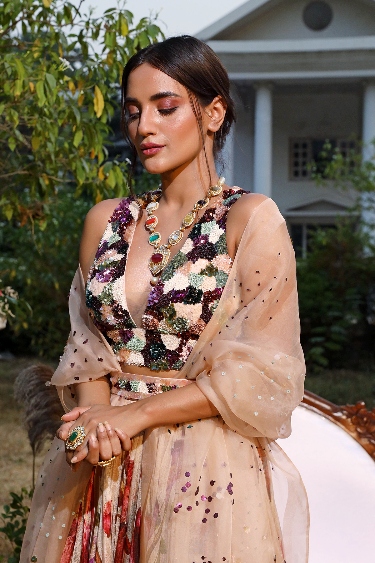 Nude Printed Lehenga Set