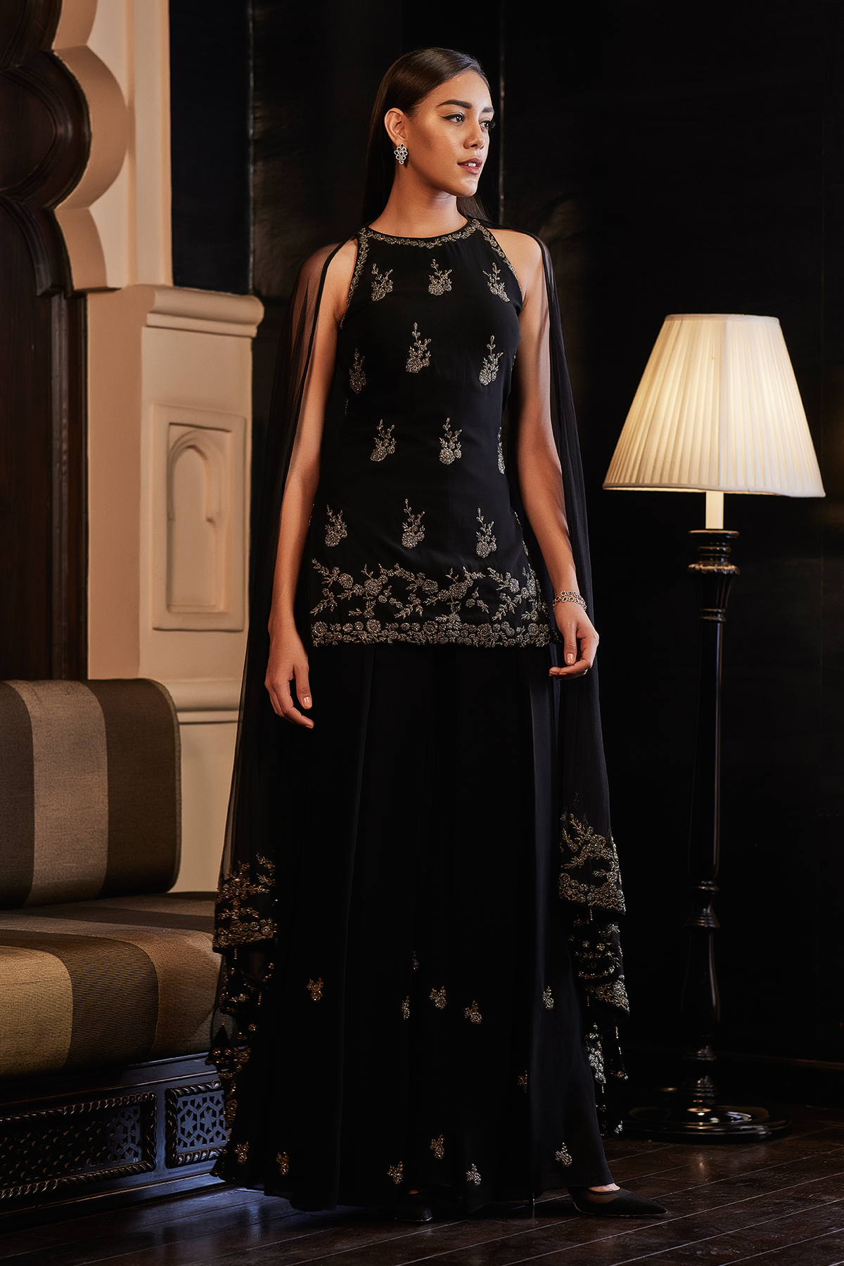 Black Georgette Short Kurta With Pants
