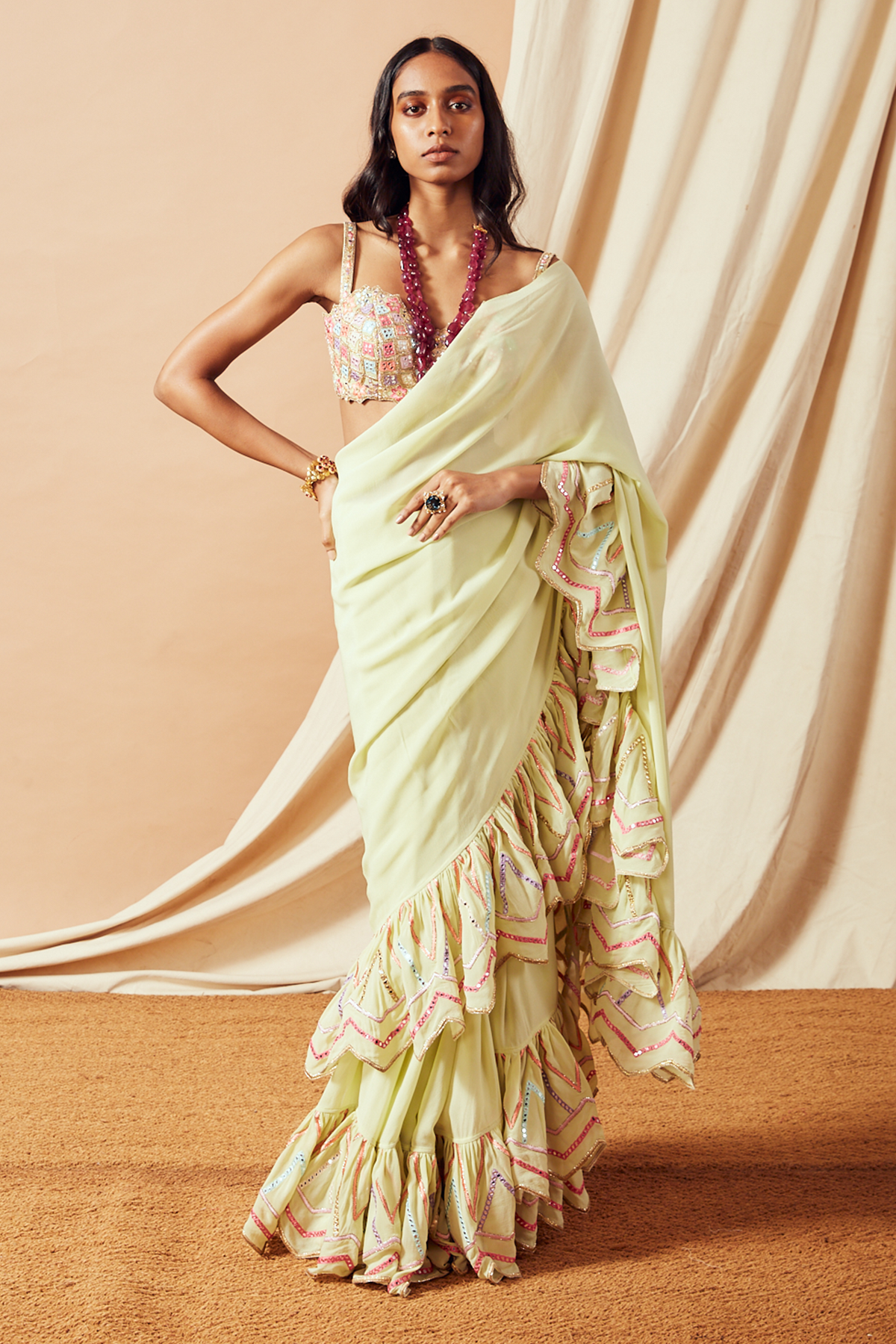 Green Ruffle Saree Set