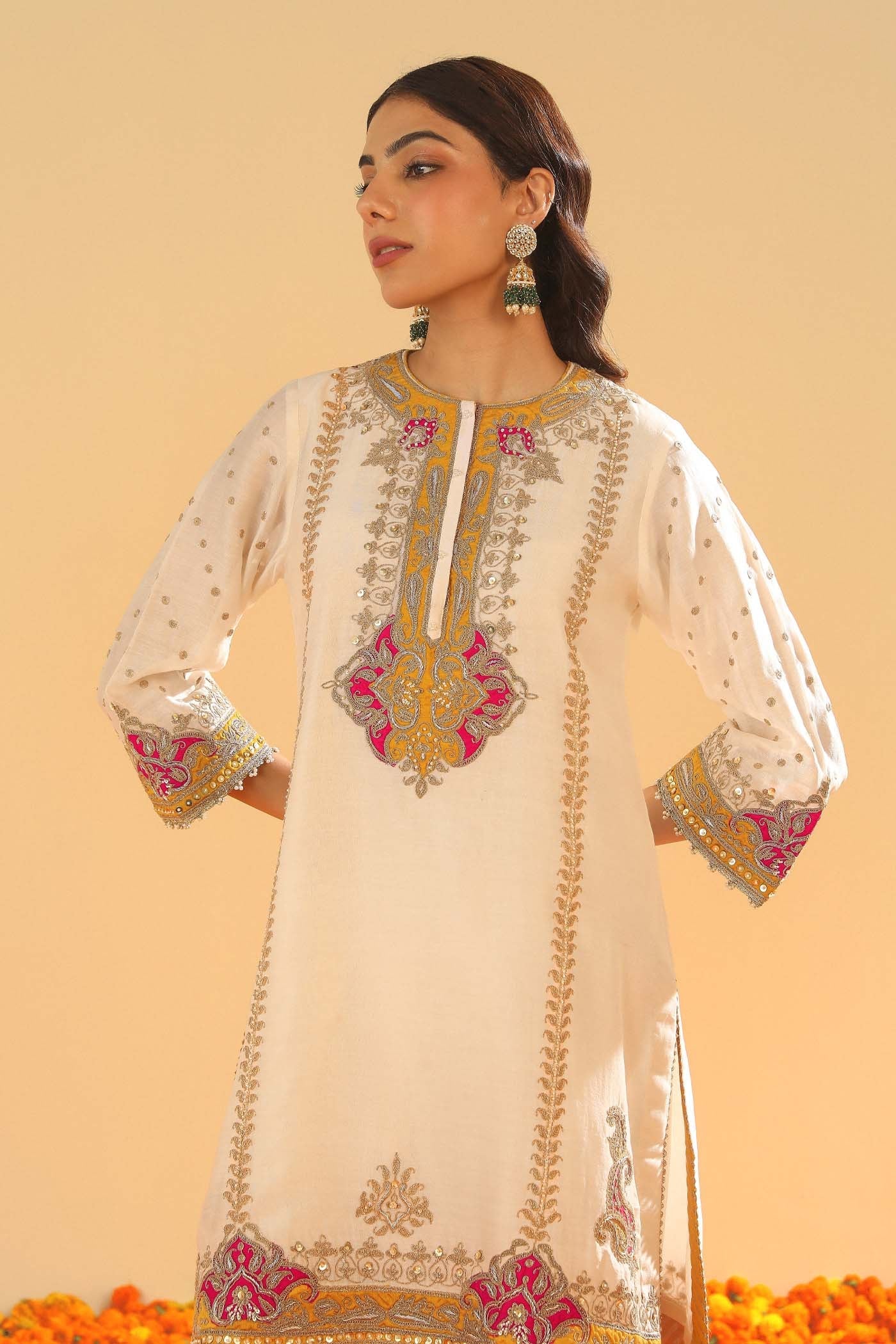 Ziana -  Daisy Ivory Short Straight Kurta with Salwar and Dupatta