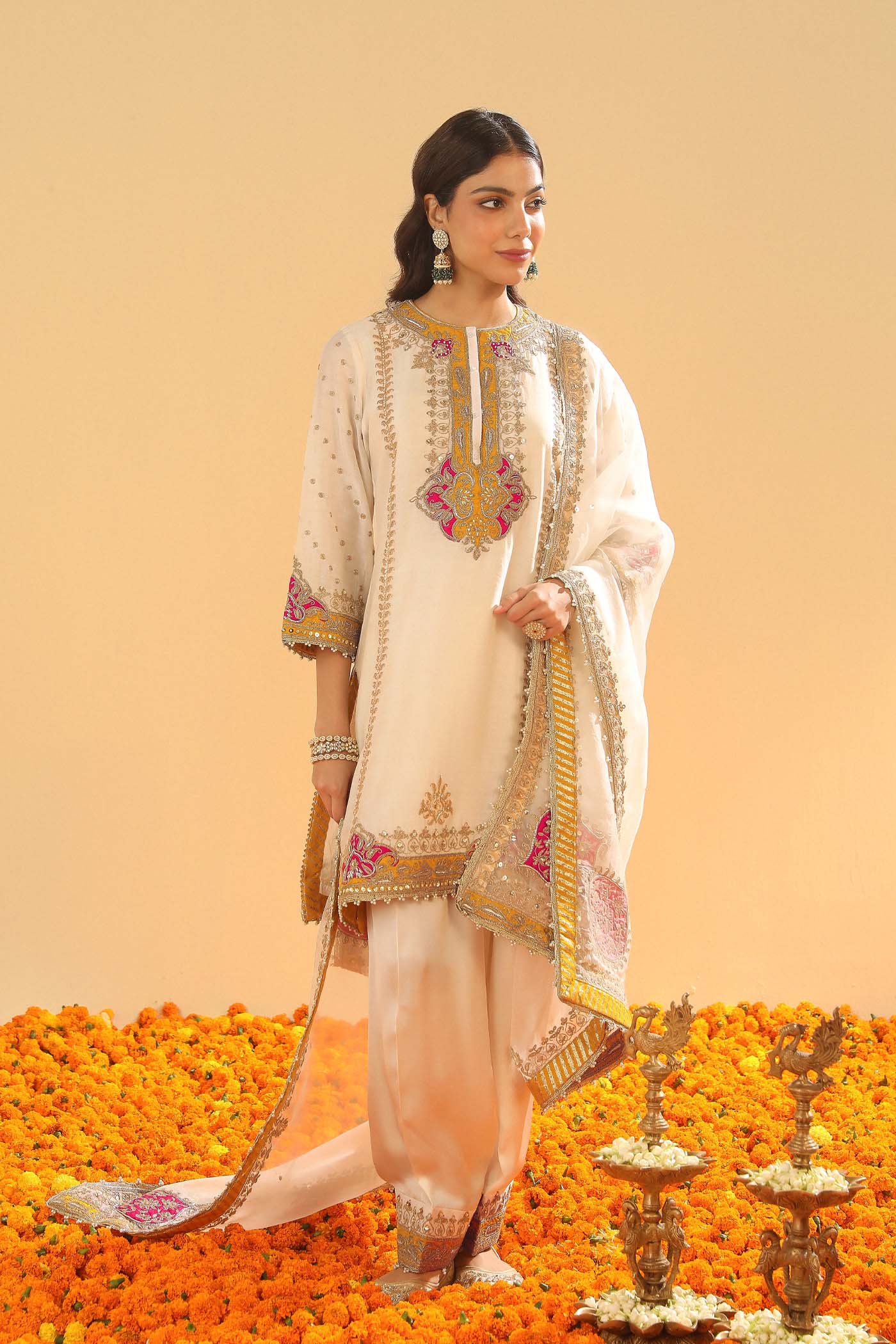 Ziana -  Daisy Ivory Short Straight Kurta with Salwar and Dupatta