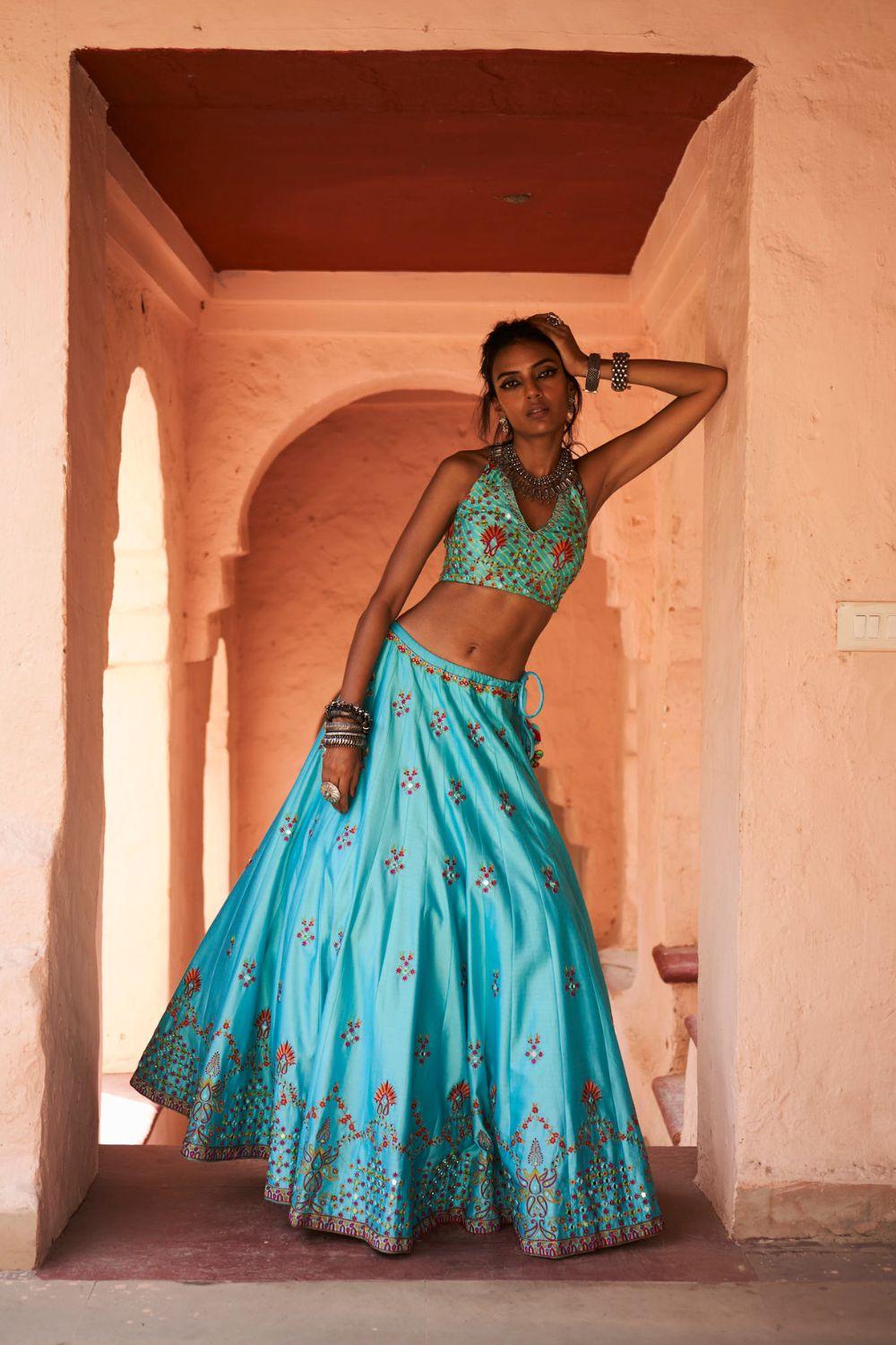 Turquoise Chanderi Silk Lehenga Set