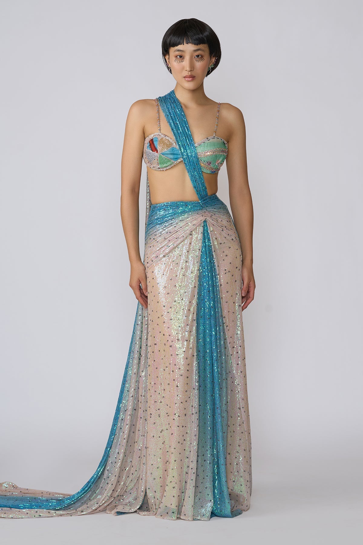 Astra - Ivory - Blue Ombre Sequin Tulle Draped Saree