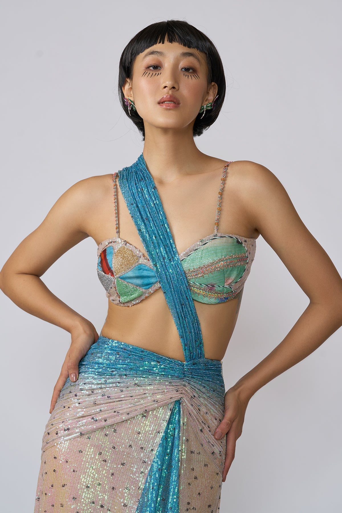 Astra - Ivory - Blue Ombre Sequin Tulle Draped Saree
