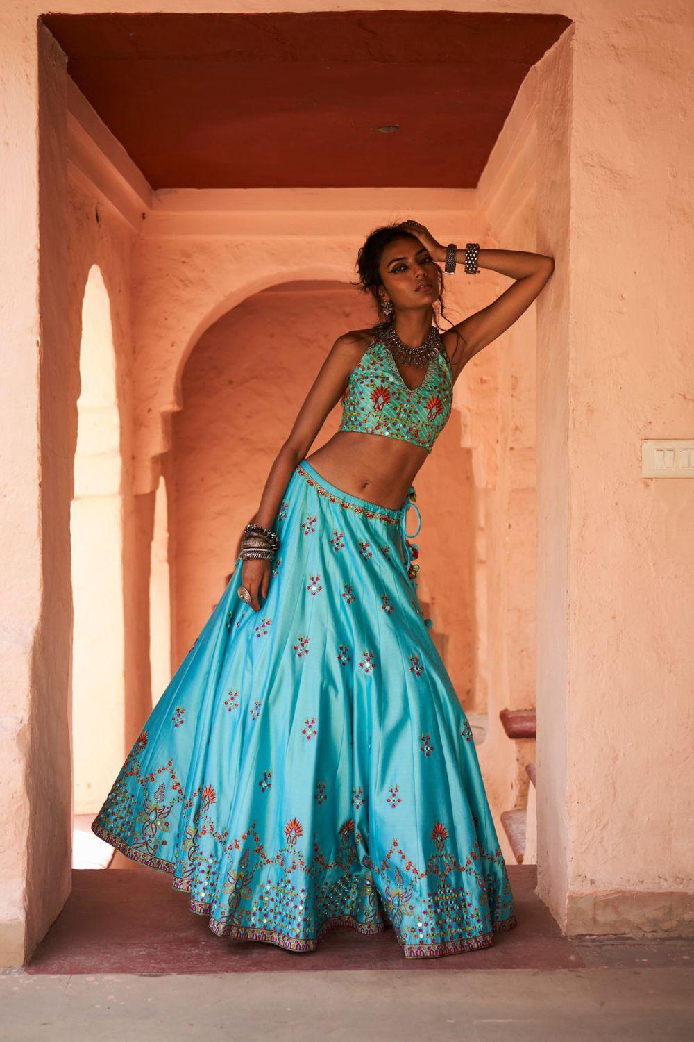 Turquoise Chanderi Silk Lehenga Set