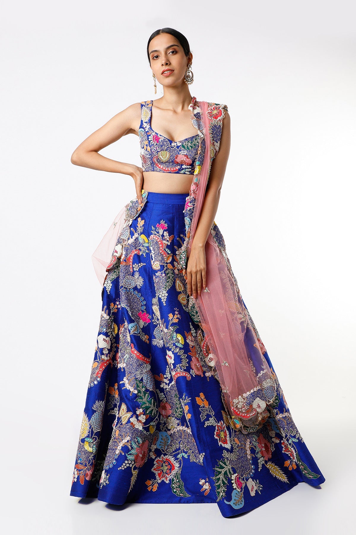 Meenal - Electric Blue Raw Silk Lehenga Set