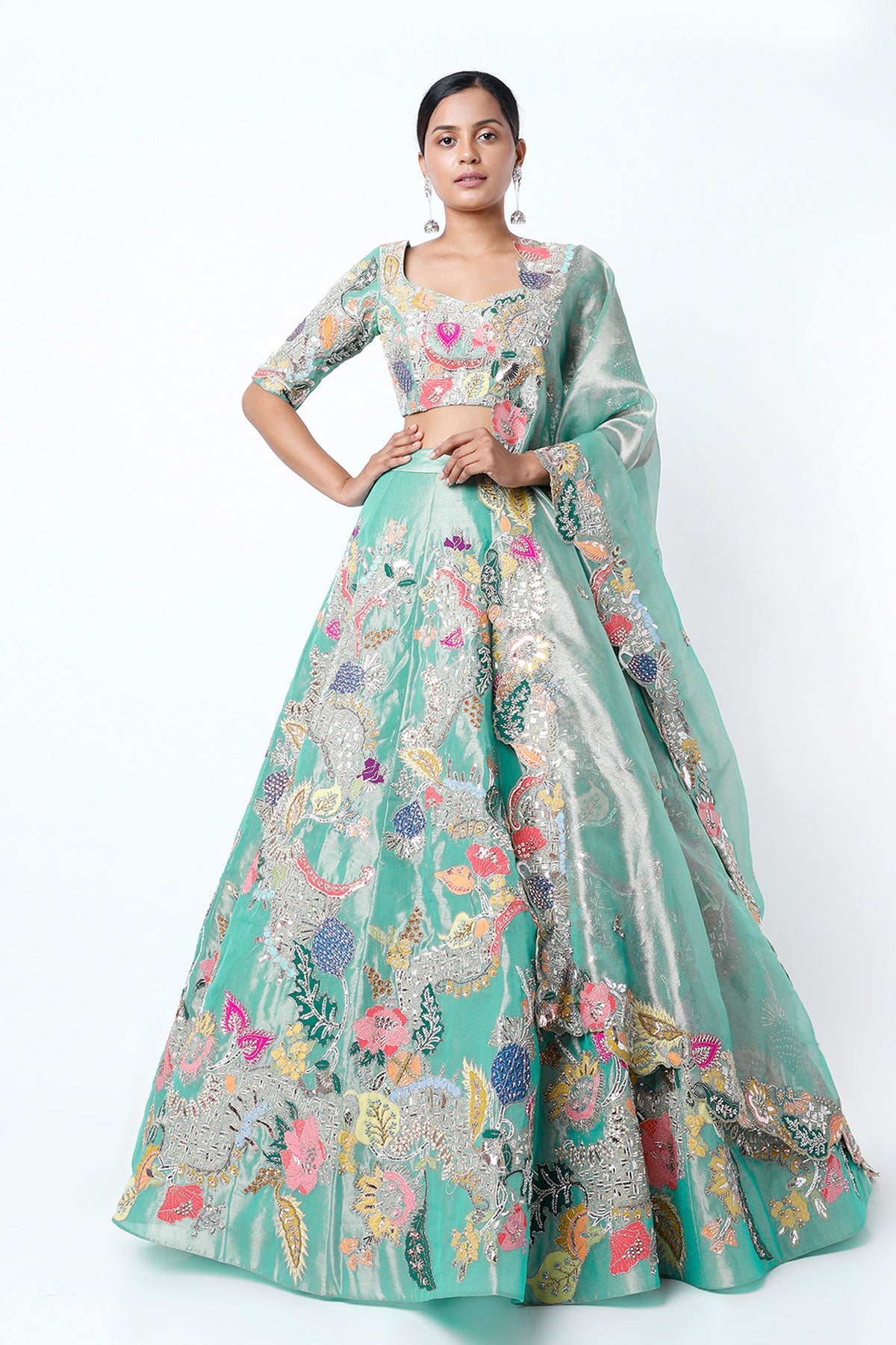 Payal - Turquoise Tissue Lehenga Set