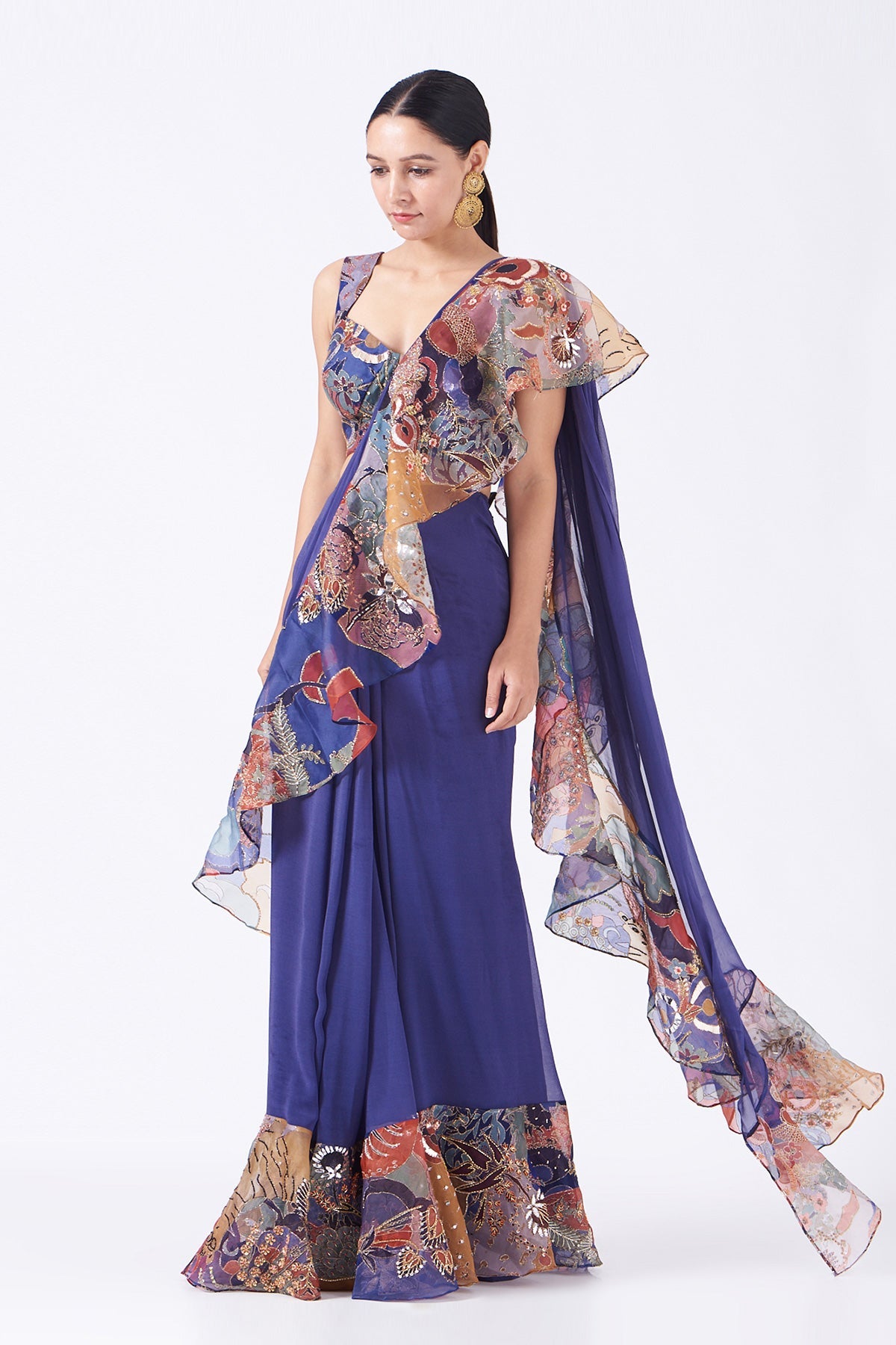 Shilpa Shetty In Indigo - Violet Georgette Ruffle Saree Set