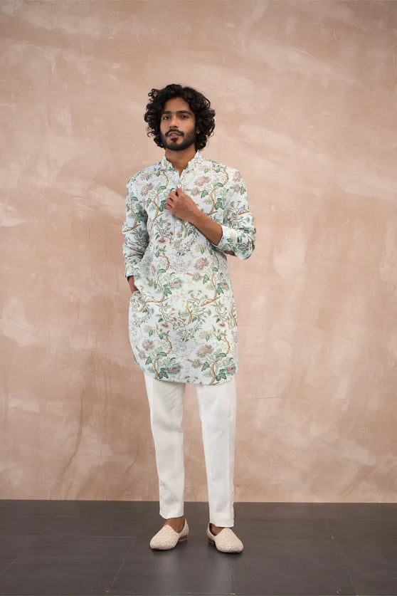 Powder Blue Big Flower Linen Kurta Set