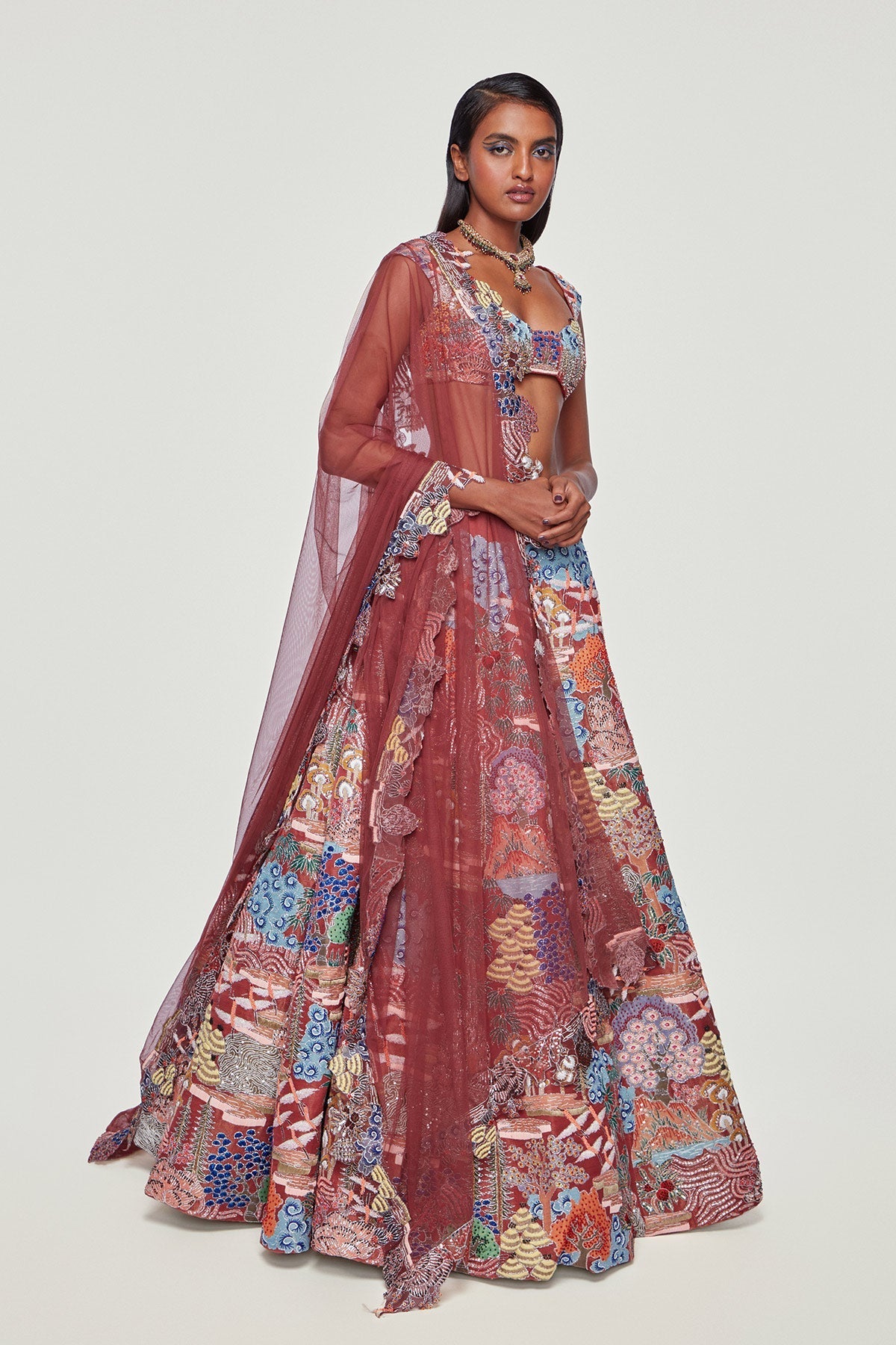 Odette - Maroon Kasab Satin Lehenga Set