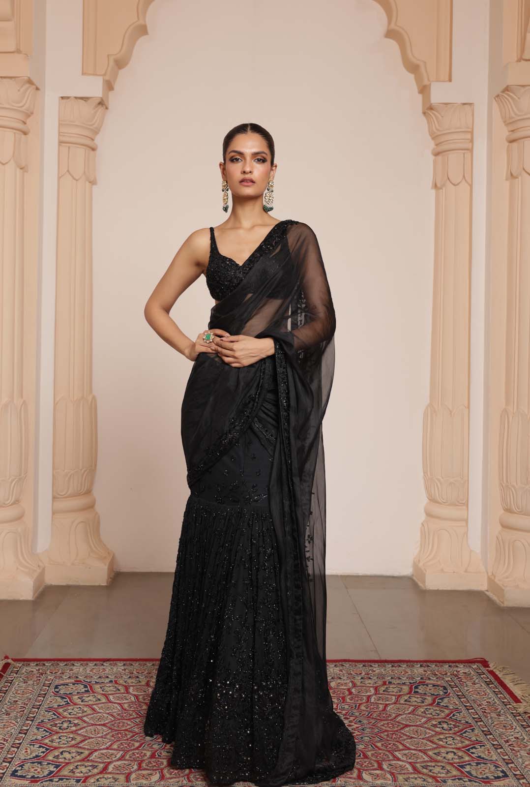 Black hip hug hand embroidered sari set