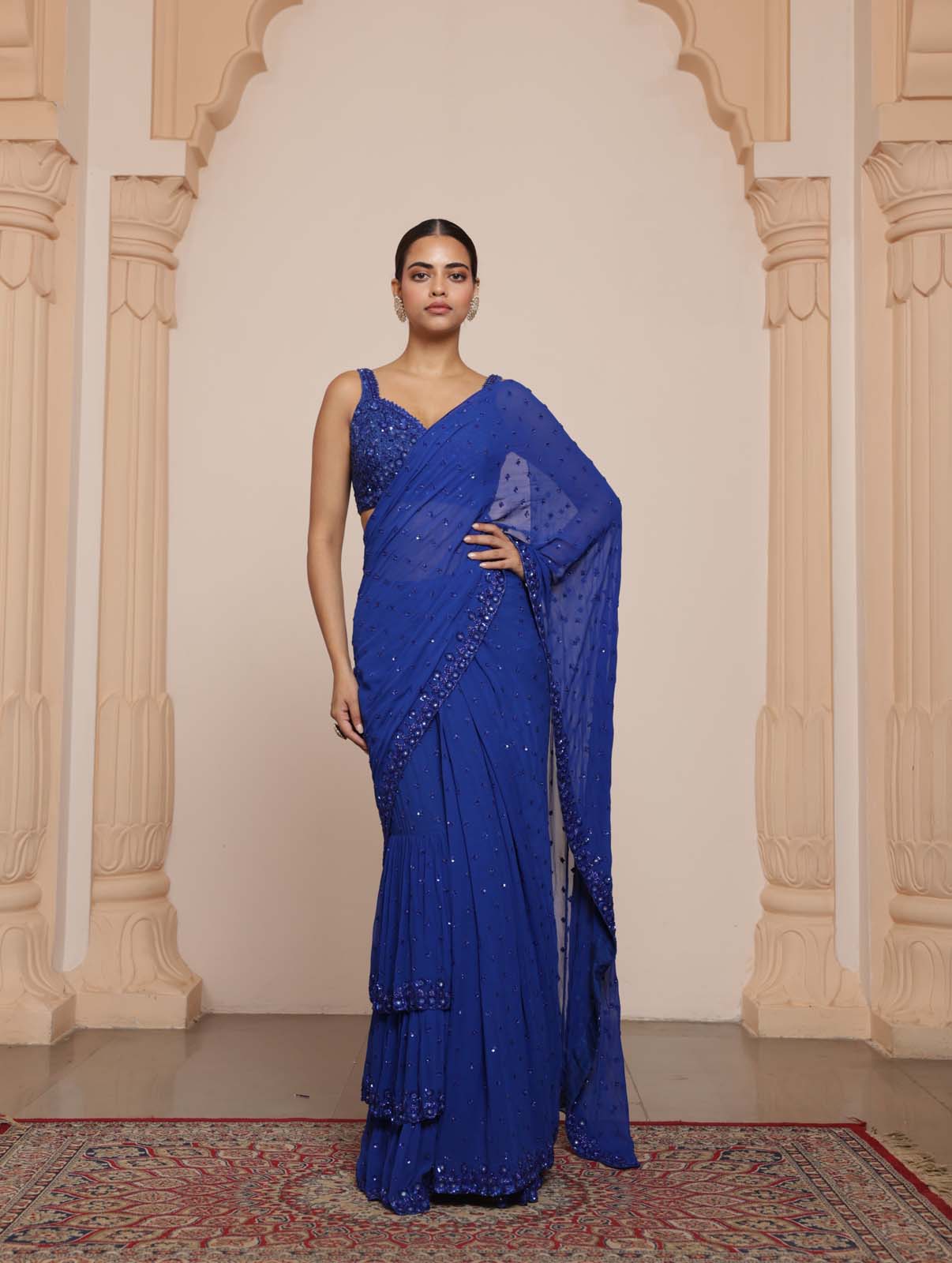 Electric blue hand embroidered tiered sari set