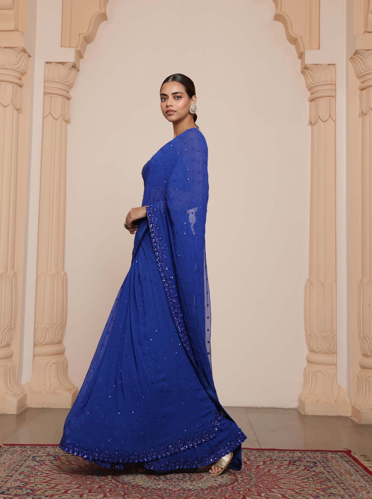 Electric blue hand embroidered tiered sari set