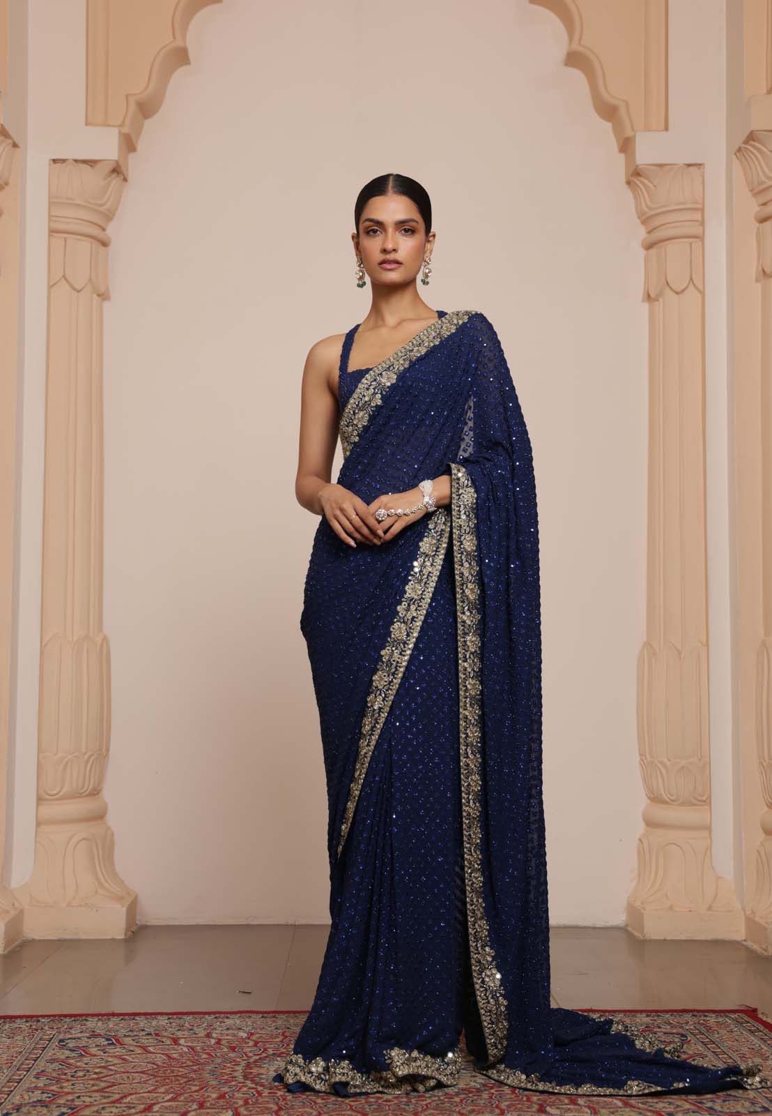 Midnight blue hand embroidered sari set