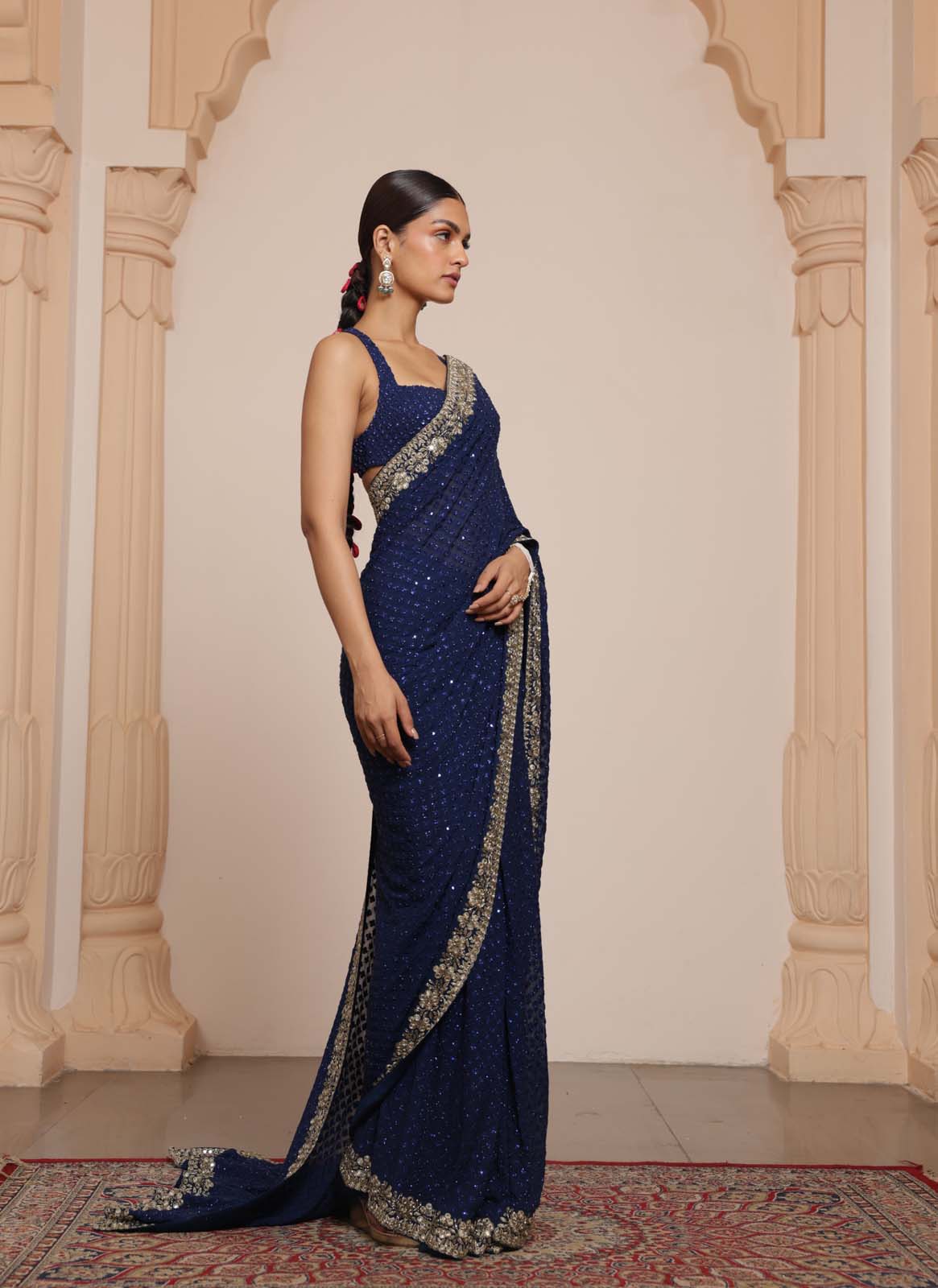 Midnight blue hand embroidered sari set