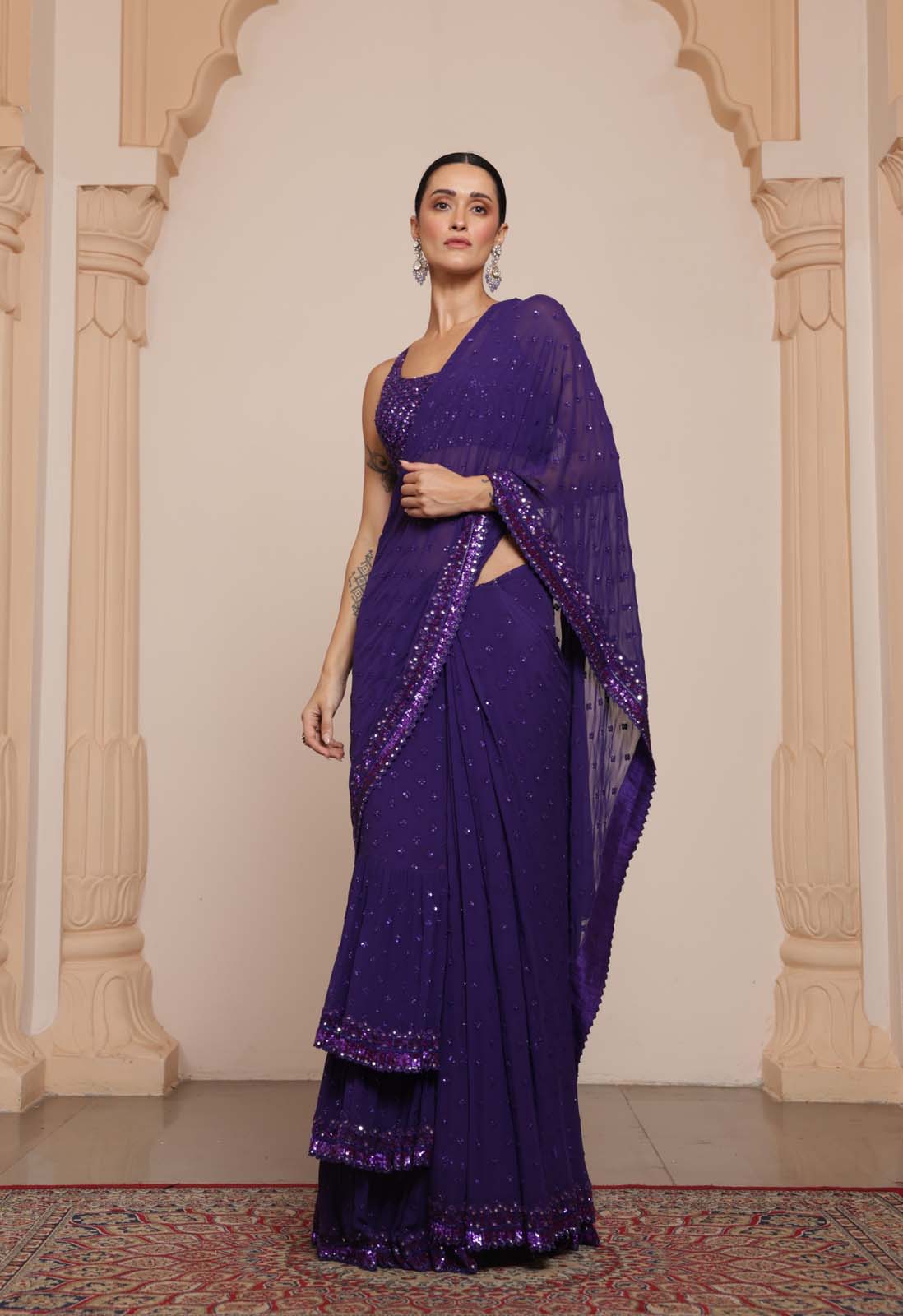 Purple hand embroidered tiered sari set