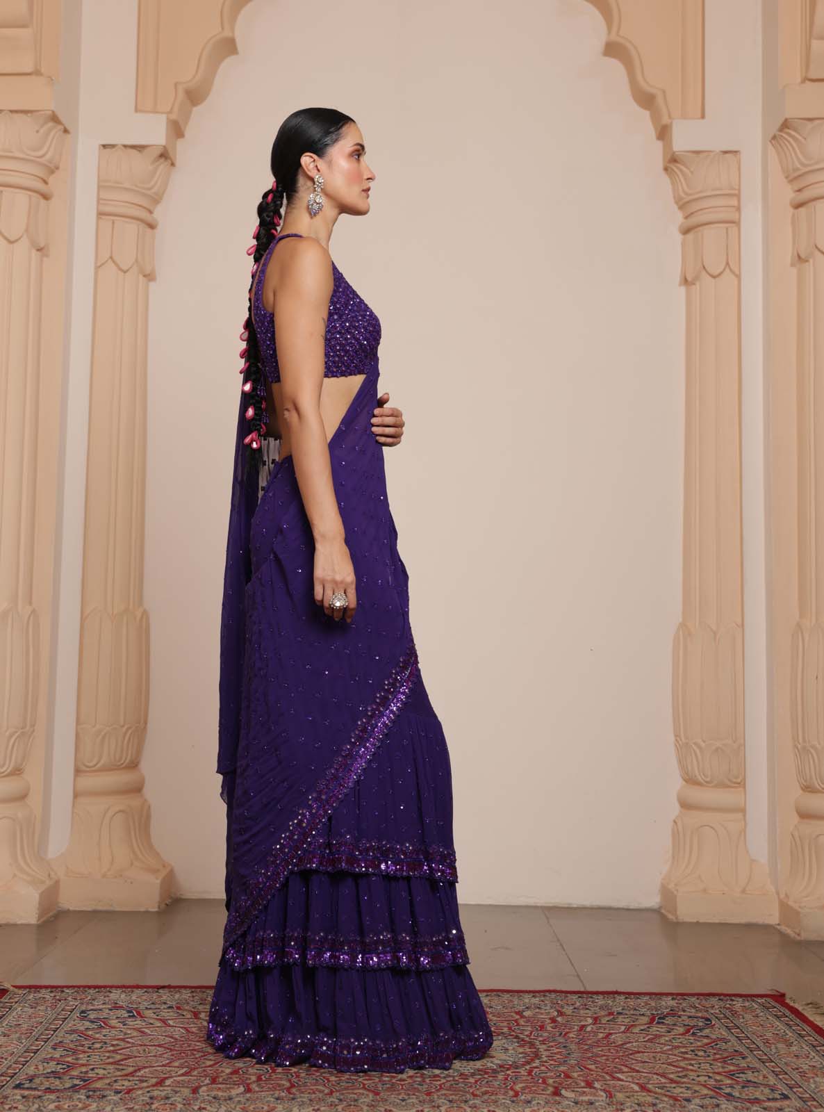 Purple hand embroidered tiered sari set