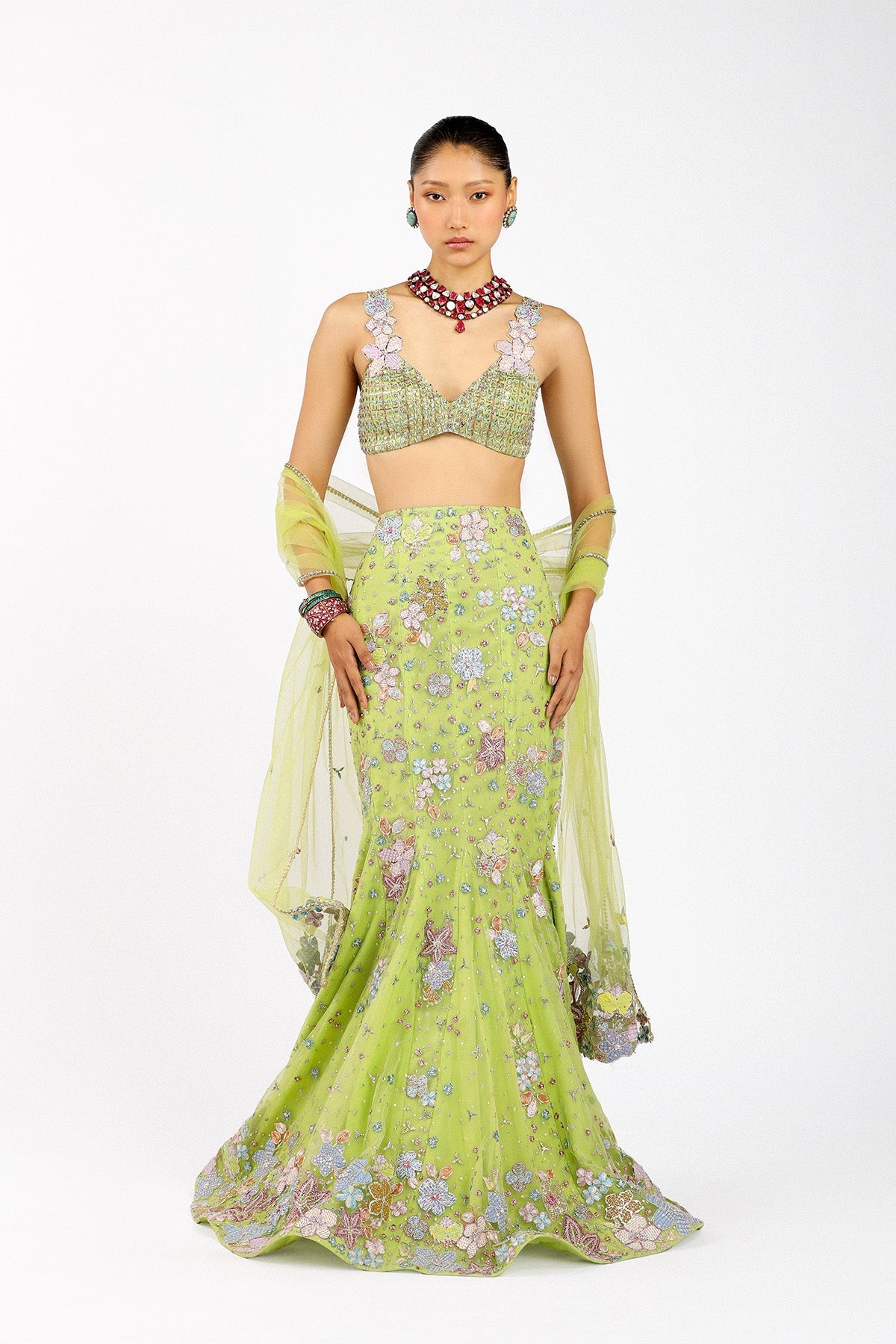 Verphine - Lime Green Tulle Net Mermaid Lehenga Set
