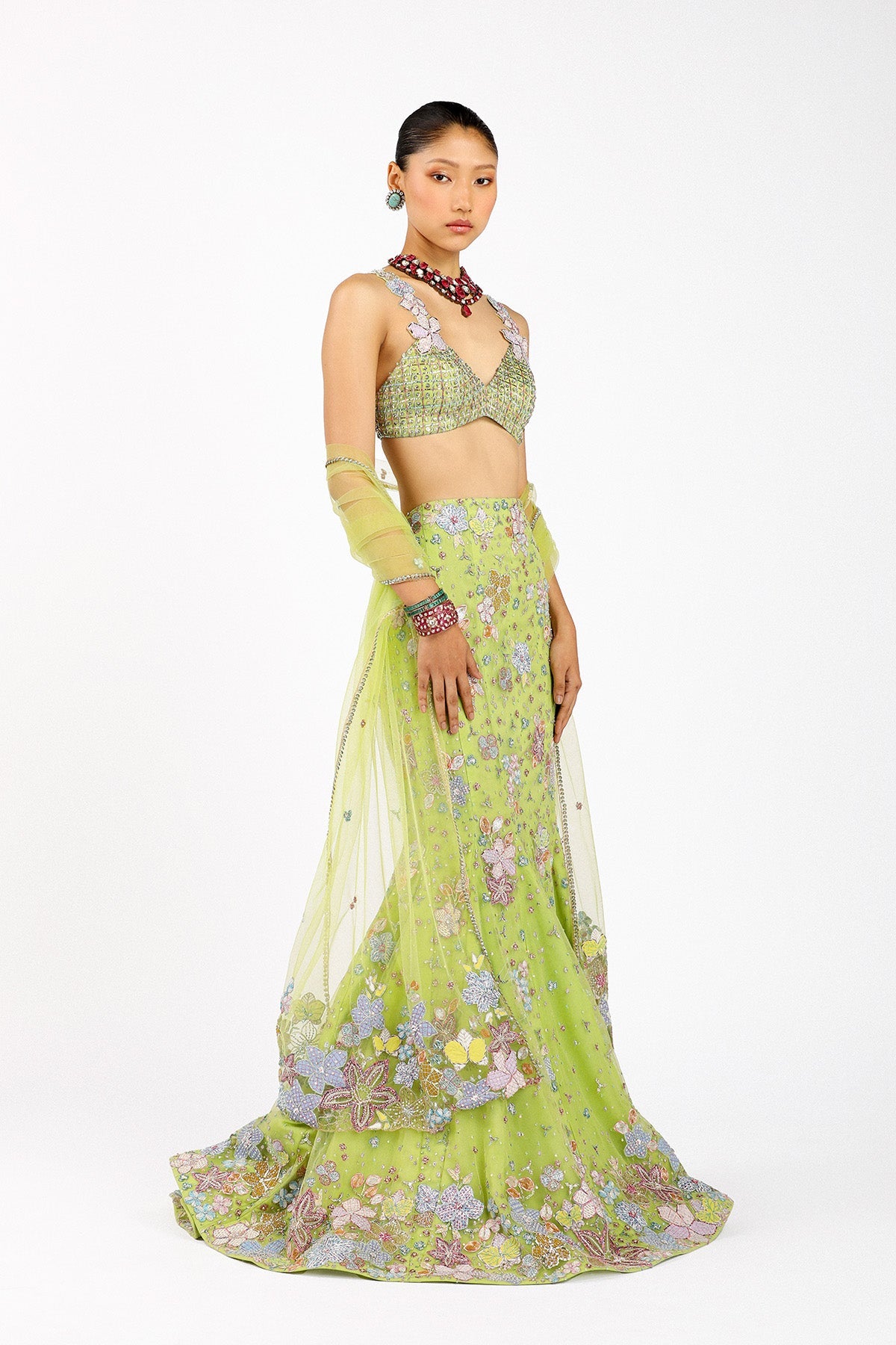 Verphine - Lime Green Tulle Net Mermaid Lehenga Set