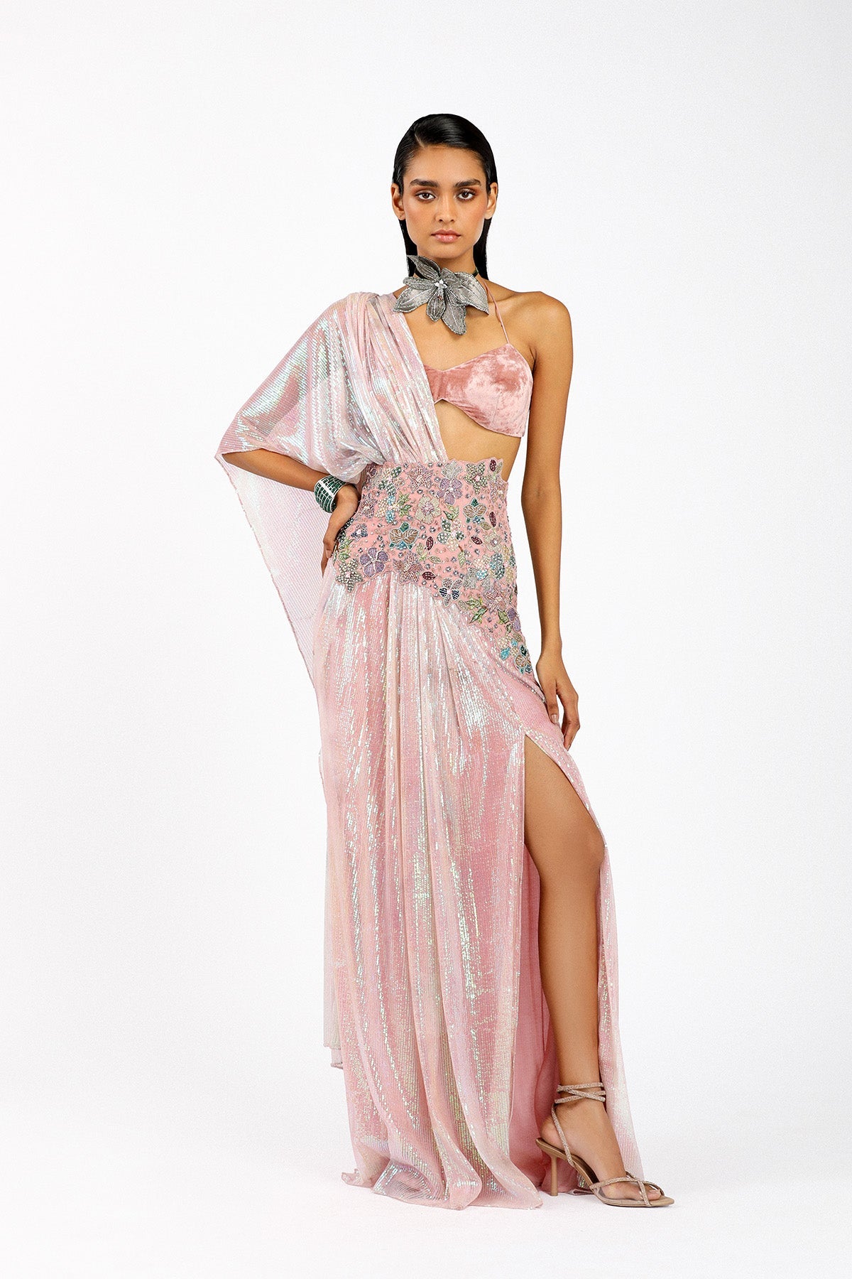Astralé - Blush Pink Sequin Tulle Pre-Drapped Saree Set