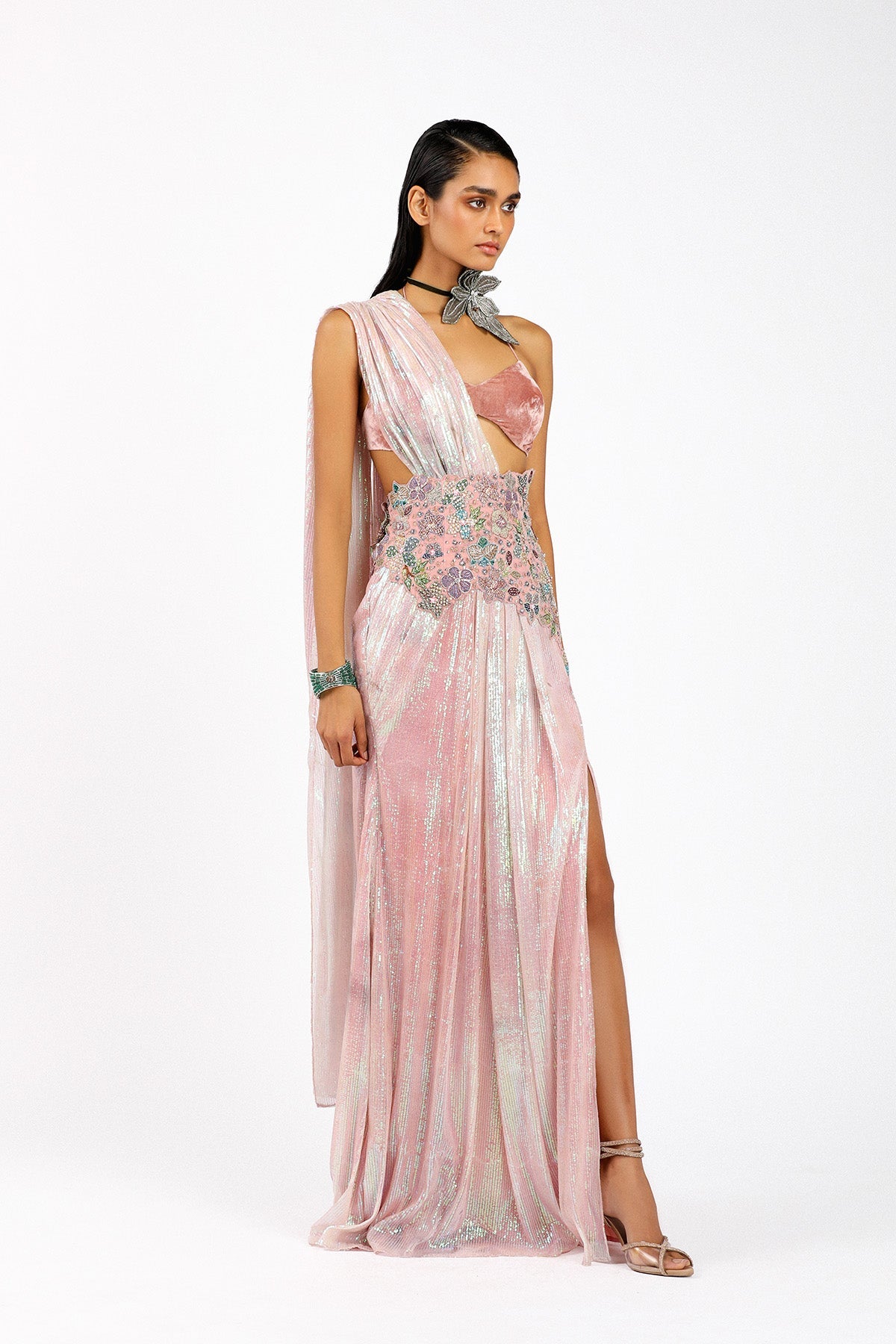 Astralé - Blush Pink Sequin Tulle Pre-Drapped Saree Set