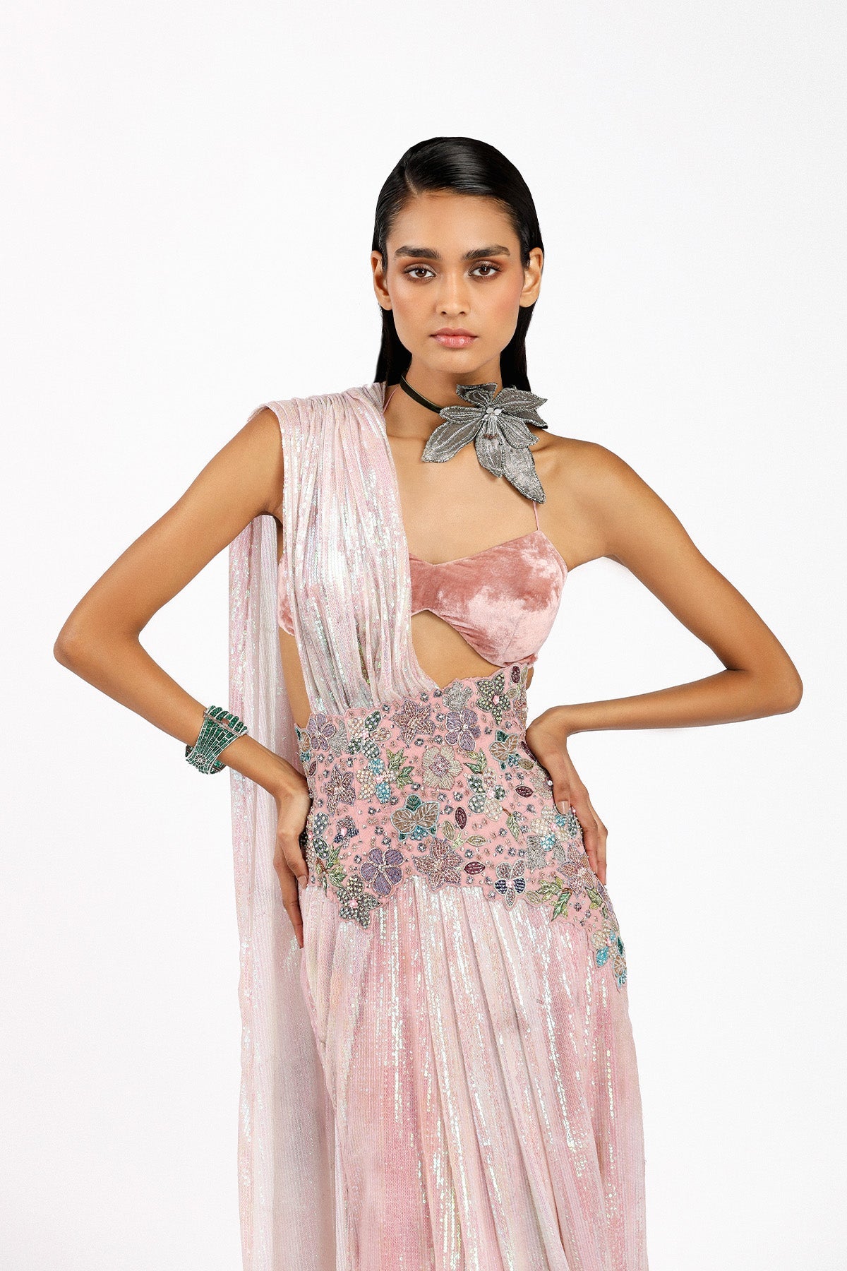 Astralé - Blush Pink Sequin Tulle Pre-Drapped Saree Set